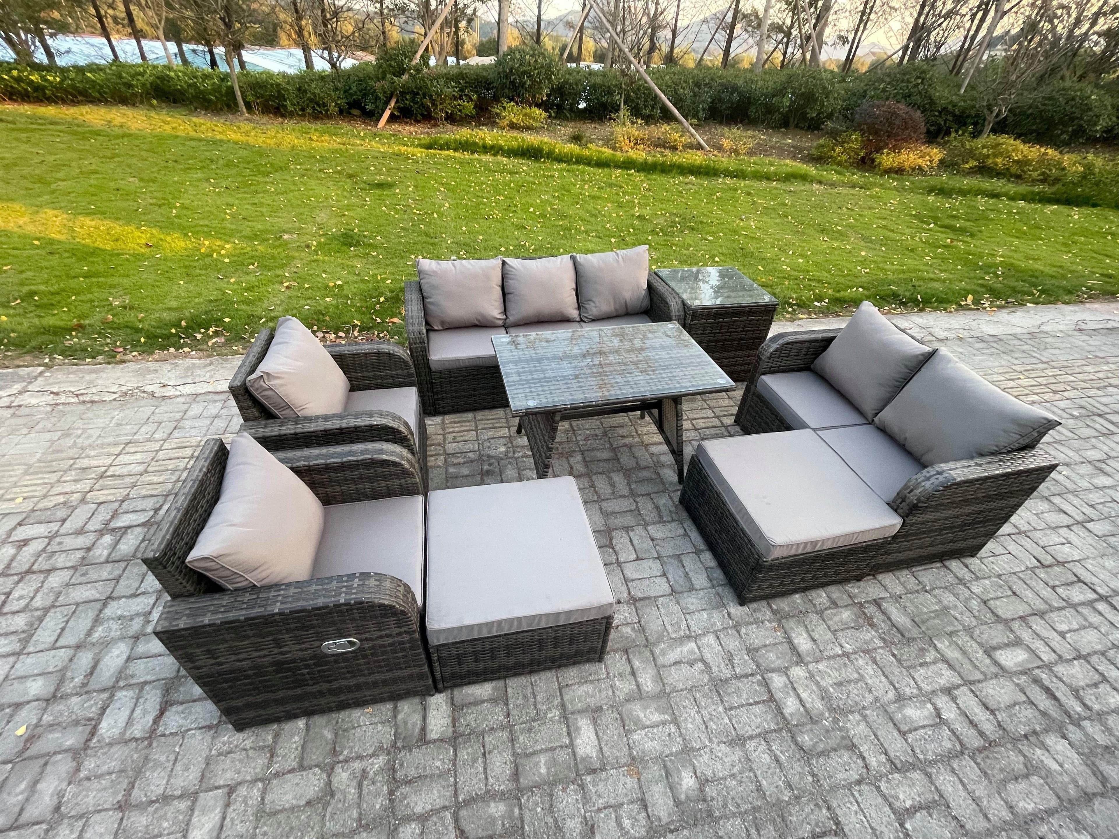 Outdoor Rattan Garden Furniture Set 9 Seater Patio Lounge Sofa Set Dining Table 2 Big Footstool Side Table