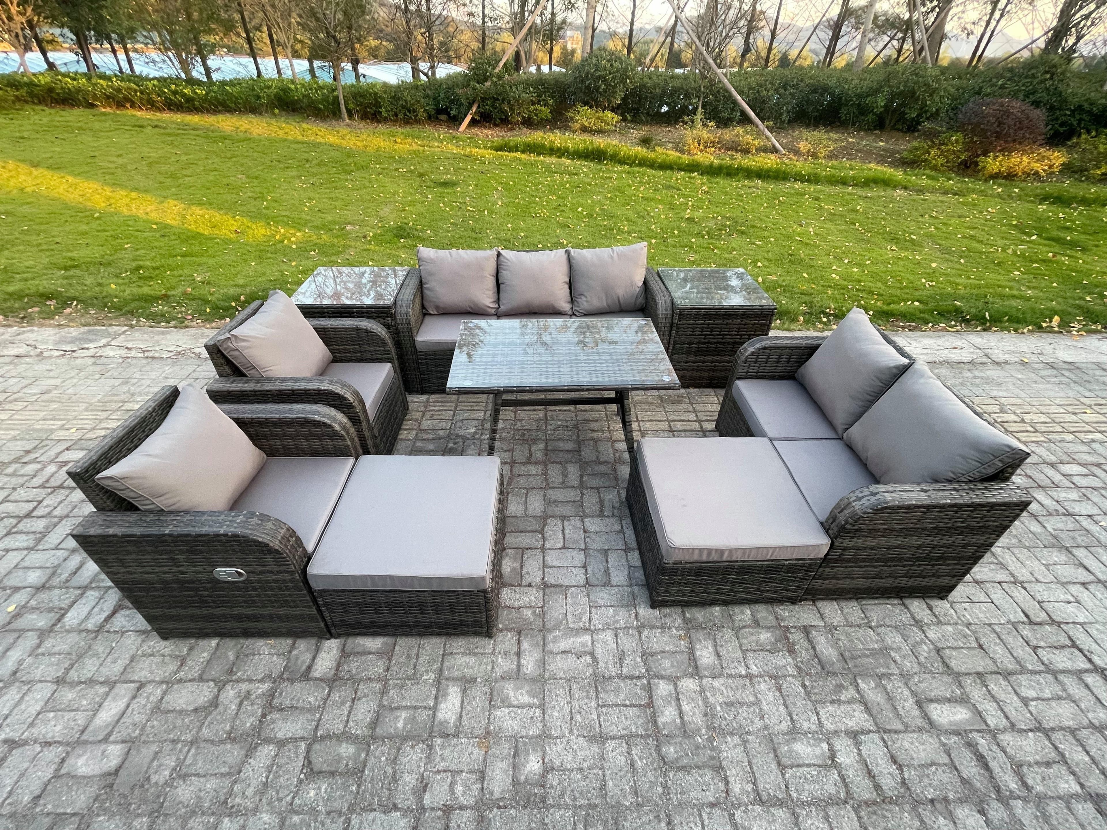 Outdoor Rattan Garden Furniture Set 9 Seater Patio Lounge Sofa Set Dining Table 2 Big Footstool 2 Side Tables Dark Grey Mixed
