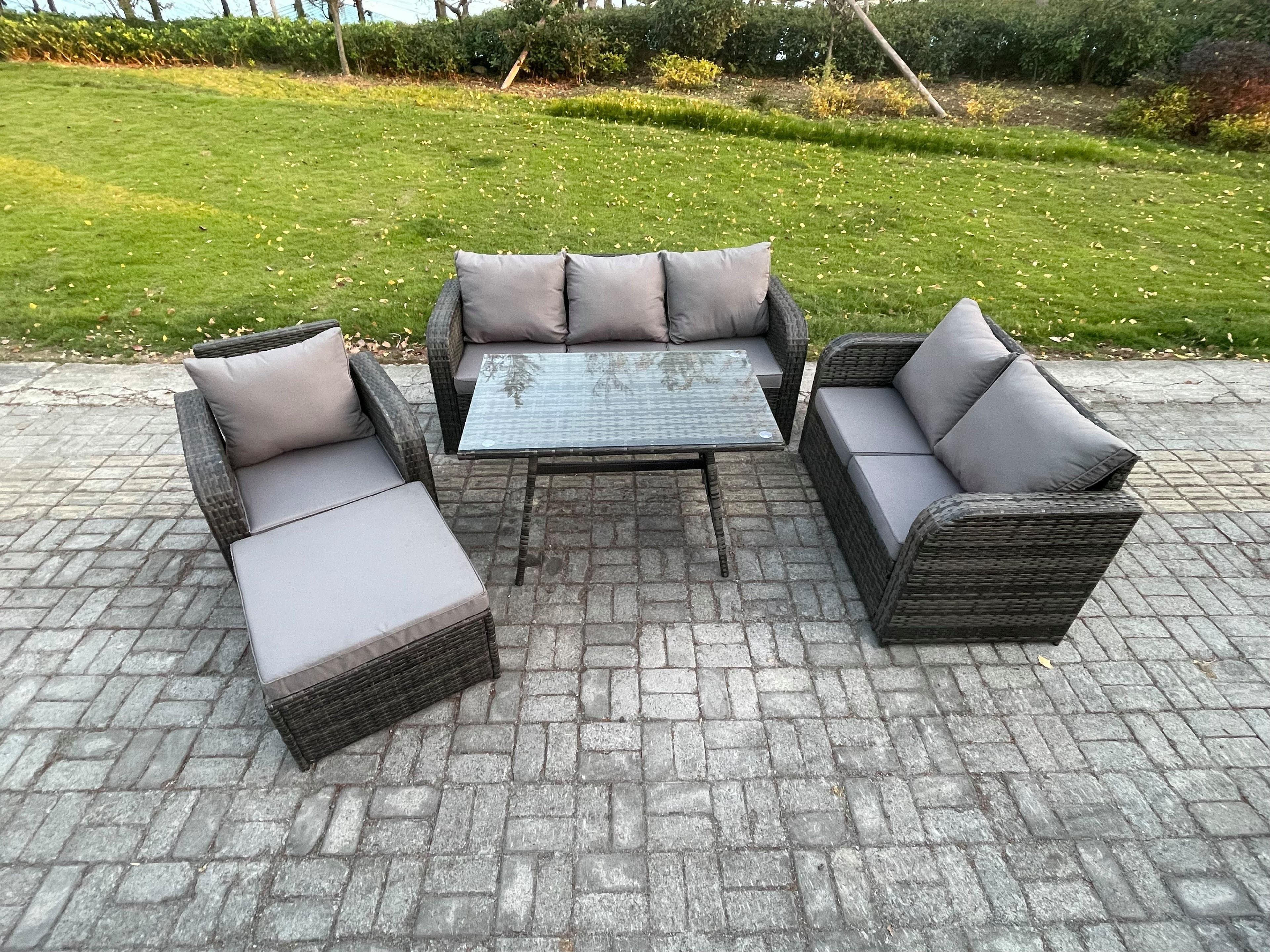 Outdoor Rattan Garden Furniture Set 7 Seater Patio Lounge Sofa Set Dining Table Big Footstool Dark Grey Mixed
