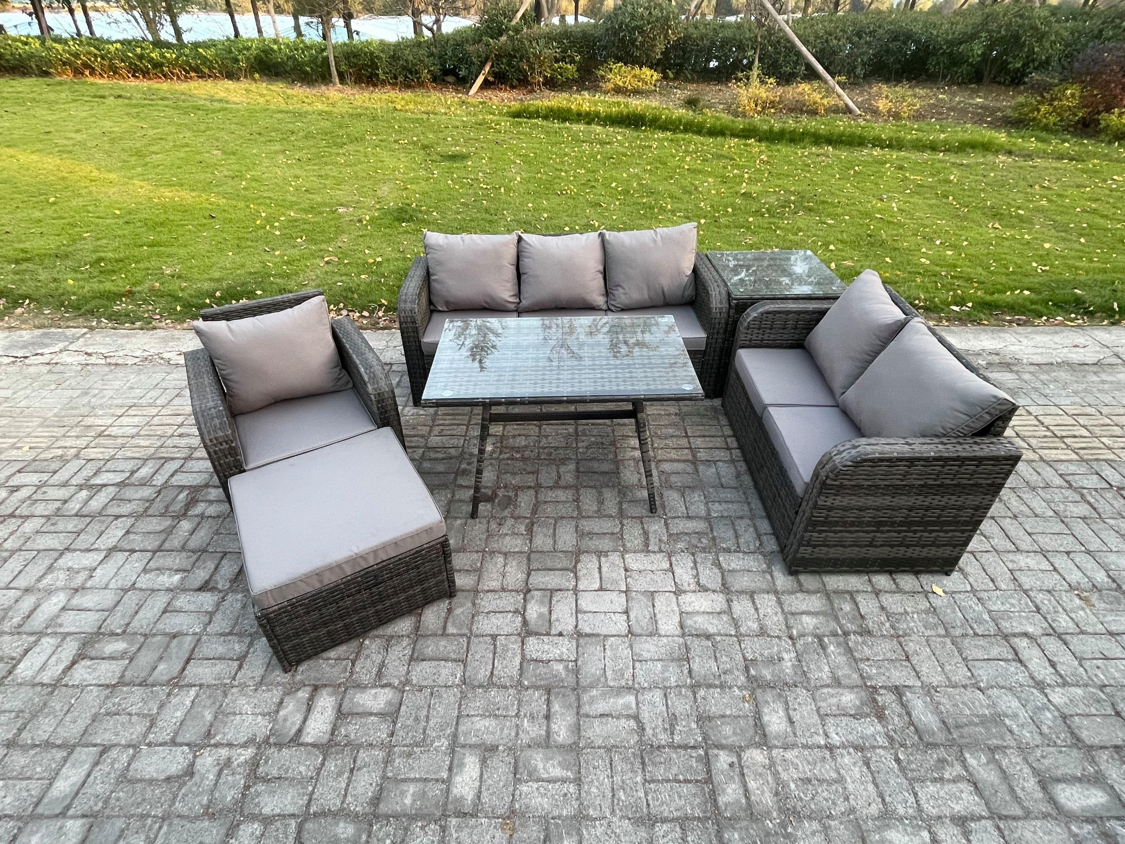 7 Seater Outdoor Rattan Garden Furniture Set Patio Lounge Sofa Set Dining Table Big Footstool Side Table Dark Grey Mixed