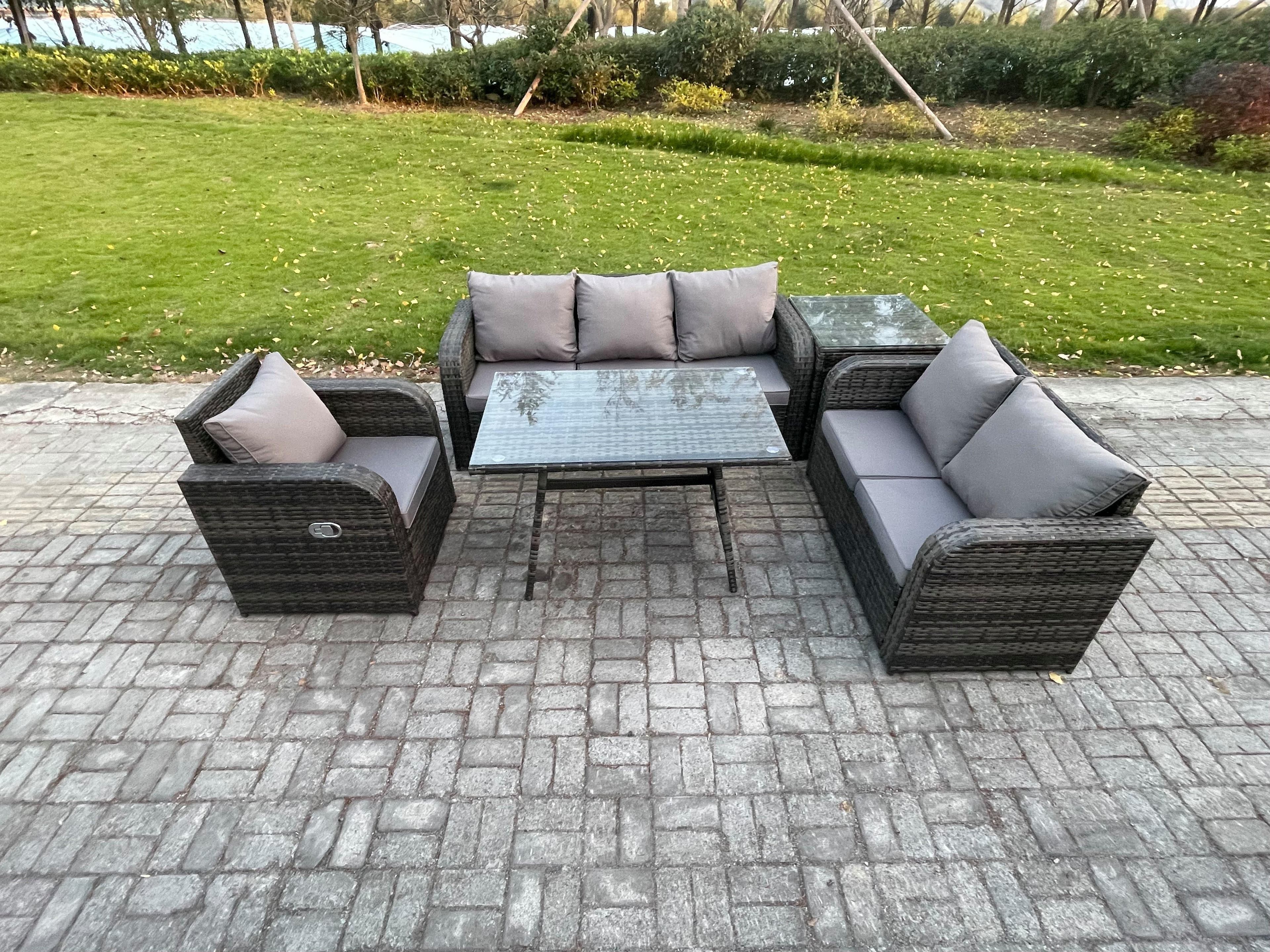 6 Seater Outdoor Rattan Garden Furniture Set Patio Lounge Sofa Set Dining Table Side Table Dark Grey Mixed