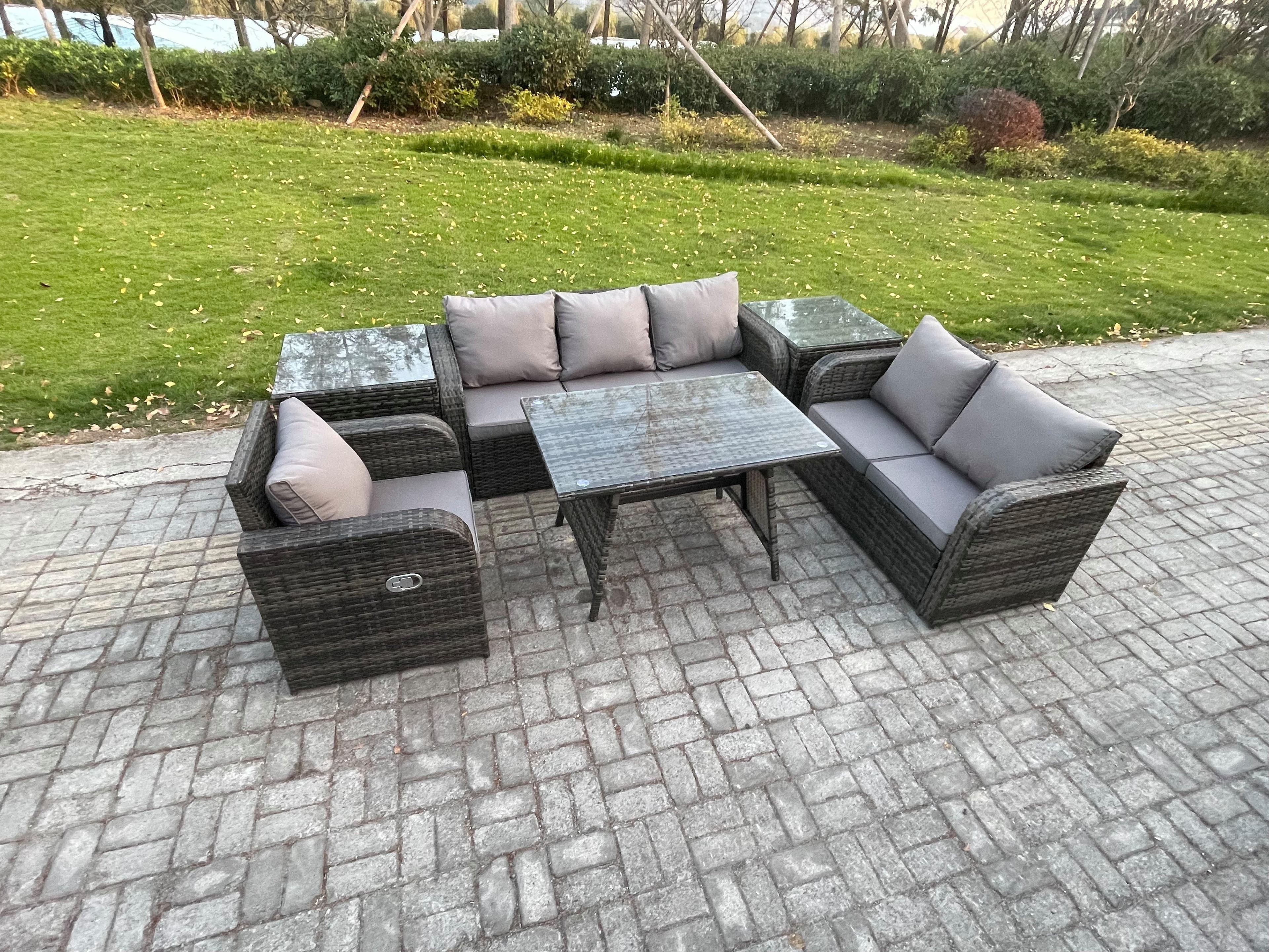 6 Seater Outdoor Rattan Garden Furniture Set Patio Lounge Sofa Set Dining Table 2 Side Tables Dark Grey Mixed