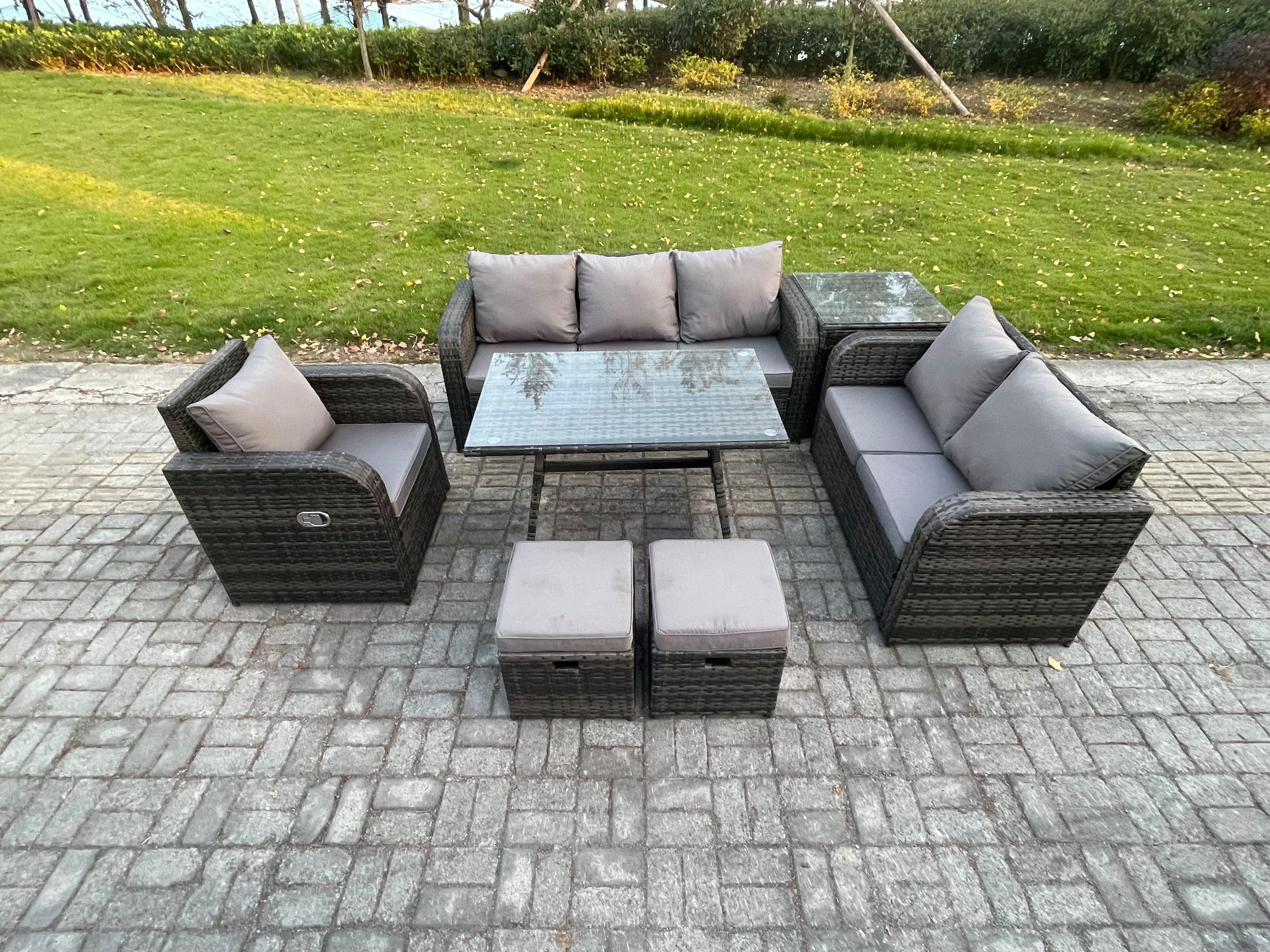 8 Seater Outdoor Rattan Garden Furniture Set Patio Lounge Sofa Set Dining Table Side Table 2 Small Footstools Dark Grey Mixed