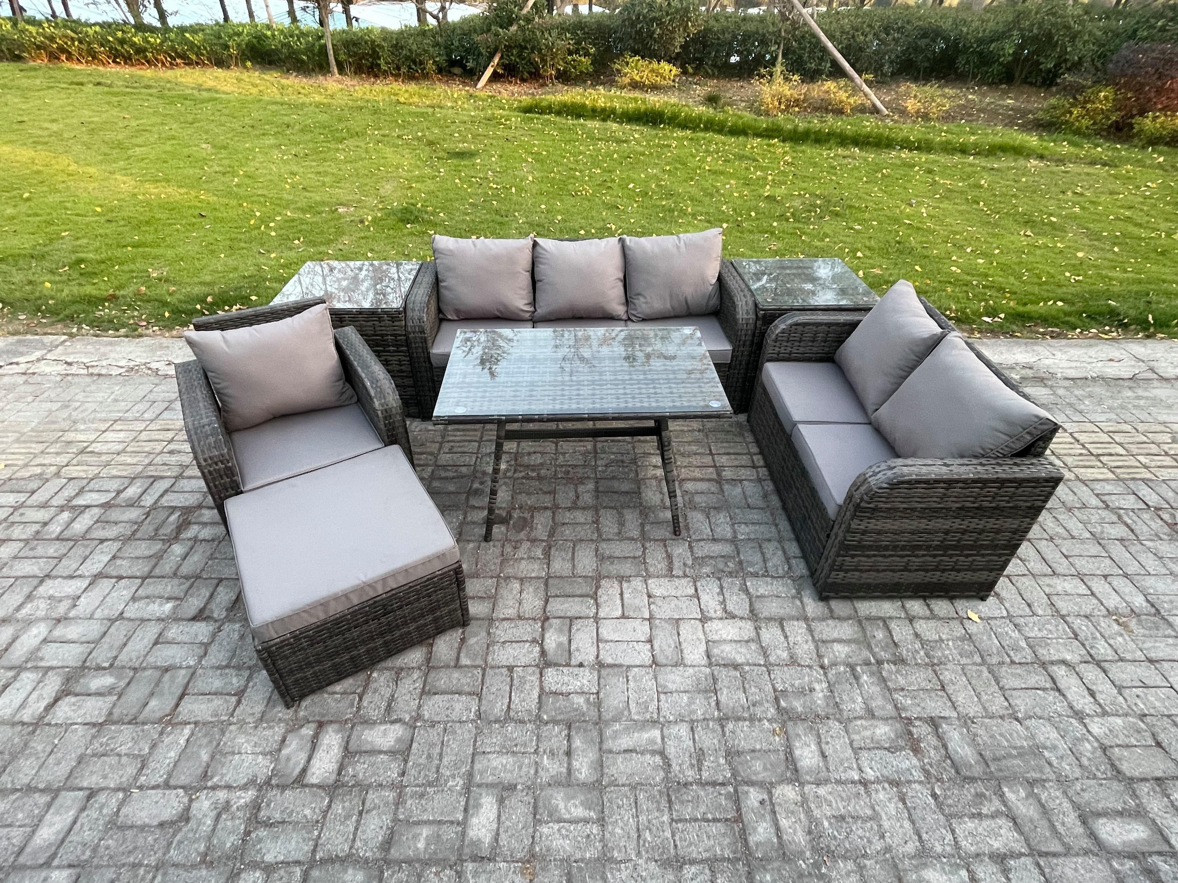 7 Seater Outdoor Rattan Garden Furniture Set Patio Lounge Sofa Set Dining Table 2 Side Tables Big Footstool Dark Grey Mixed