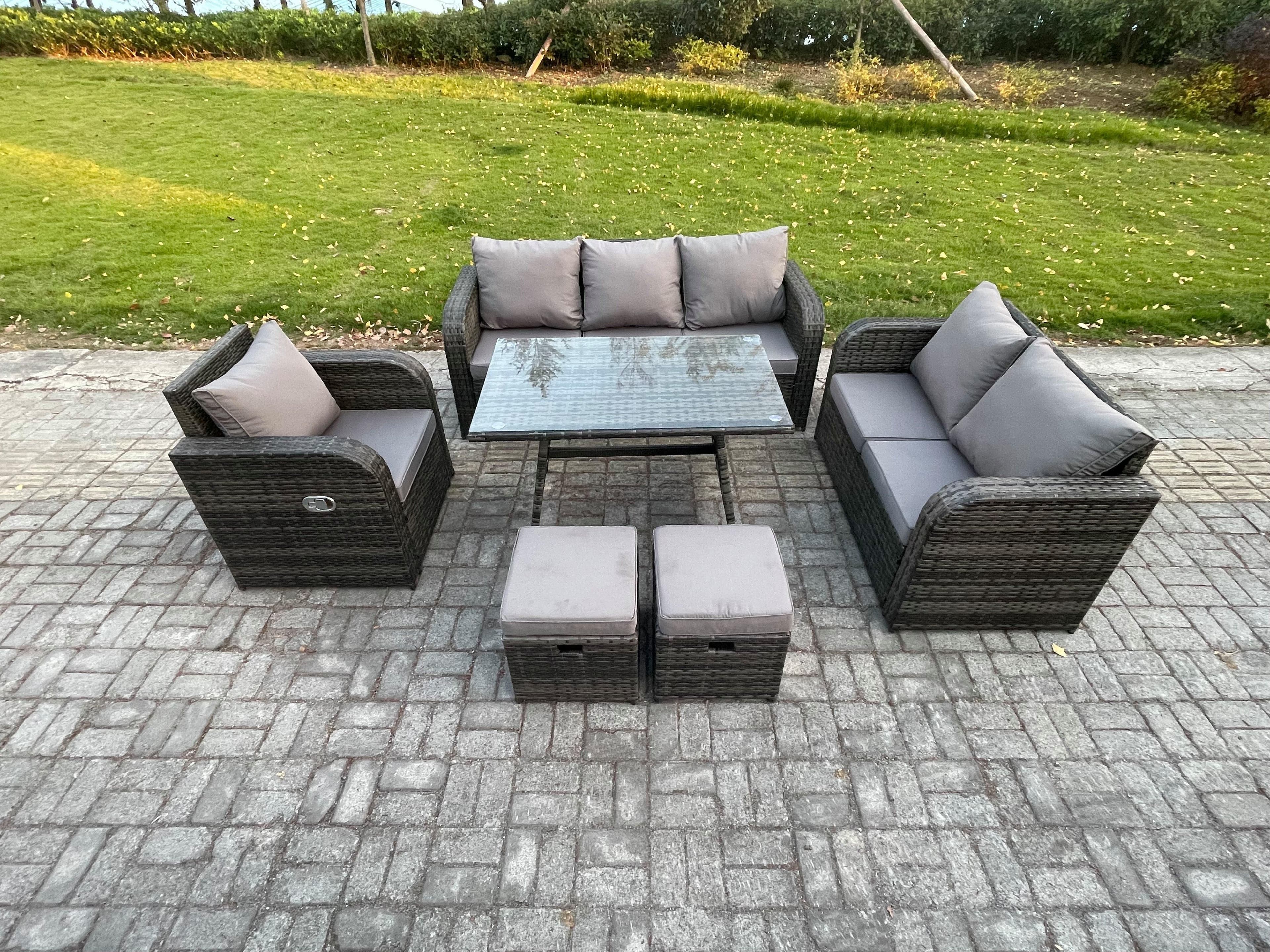 8 Seater Outdoor Rattan Garden Furniture Set Patio Lounge Sofa Set Dining Table 2 Small Footstools Dark Grey Mixed