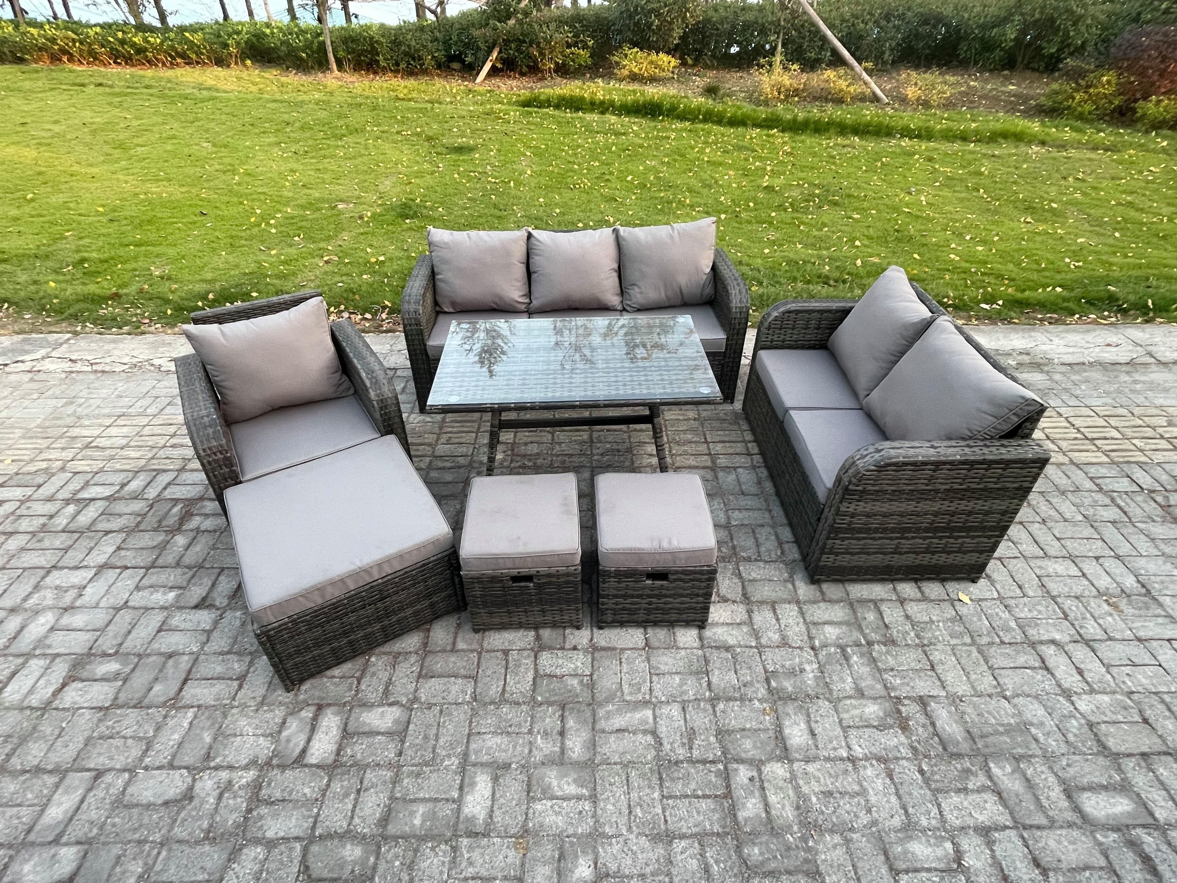 9 Seater Outdoor Rattan Garden Furniture Set Patio Lounge Sofa Set Dining Table 3 Footstools Dark Grey Mixed