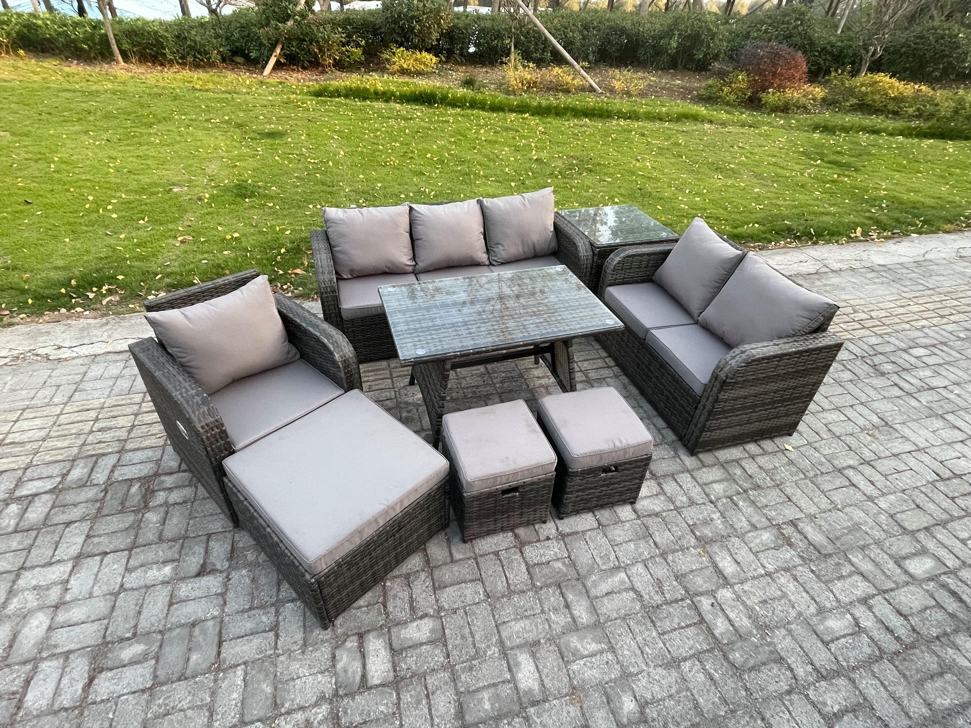 9 Seater Outdoor Rattan Garden Furniture Set Patio Lounge Sofa Set Dining Table 3 Footstools Side Table Dark Grey Mixed