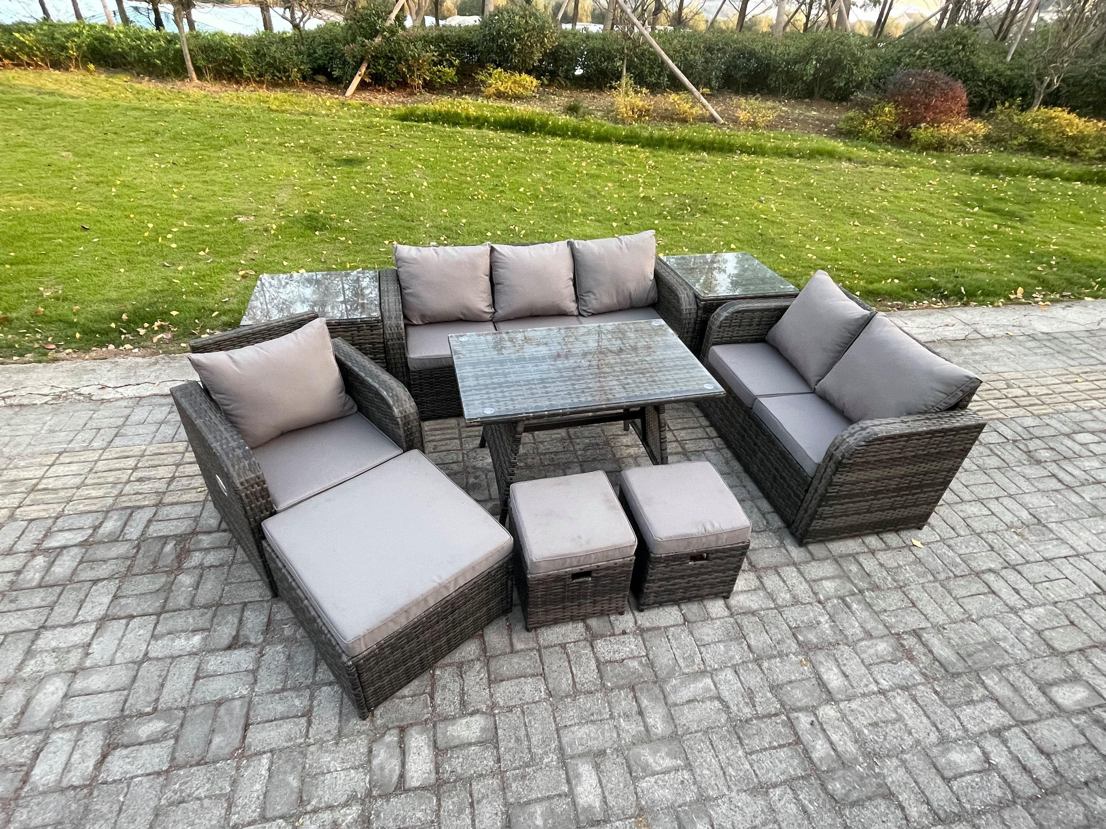 9 PCS Outdoor Lounge Sofa Set Wicker PE Rattan Garden Furniture Set Rectangular Dining Table Armchair 3 Footstools Dark Grey Mixed
