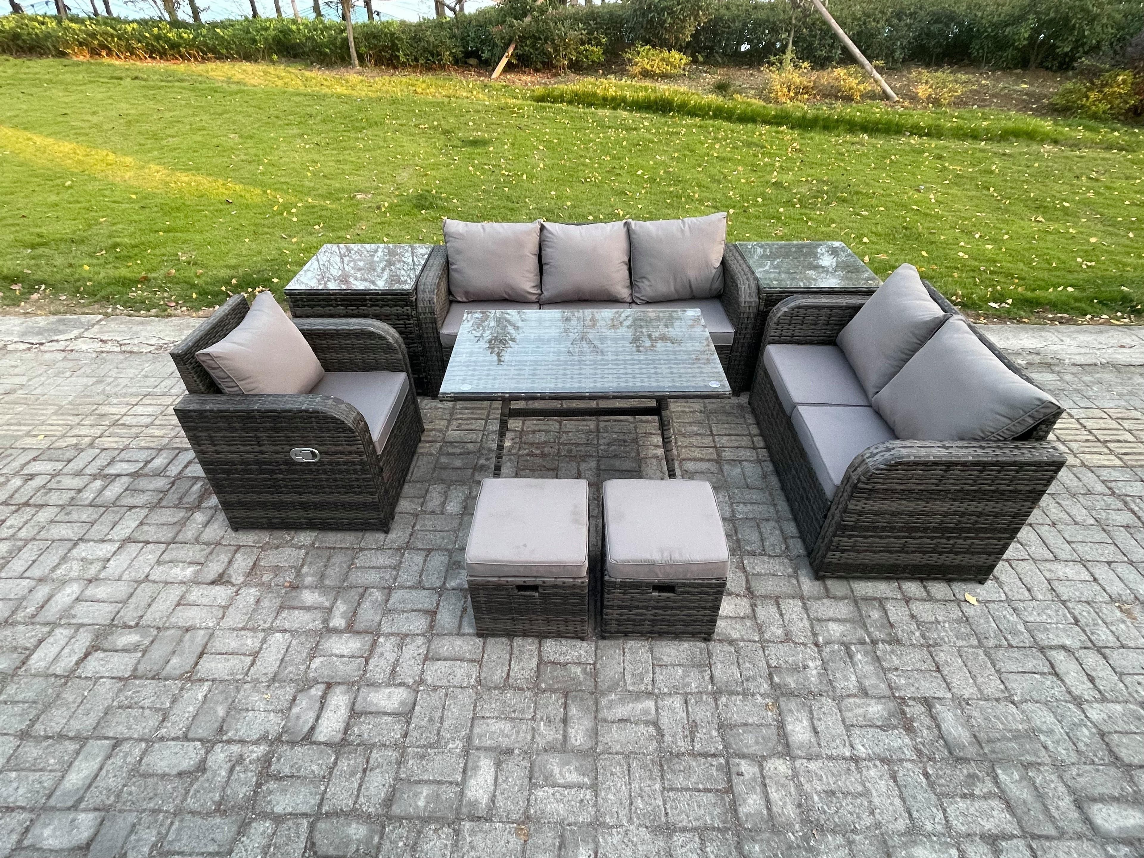 8 PCS Outdoor Lounge Sofa Set Wicker PE Rattan Garden Furniture Set Rectangular Dining Table Armchair 2 Small Footstools