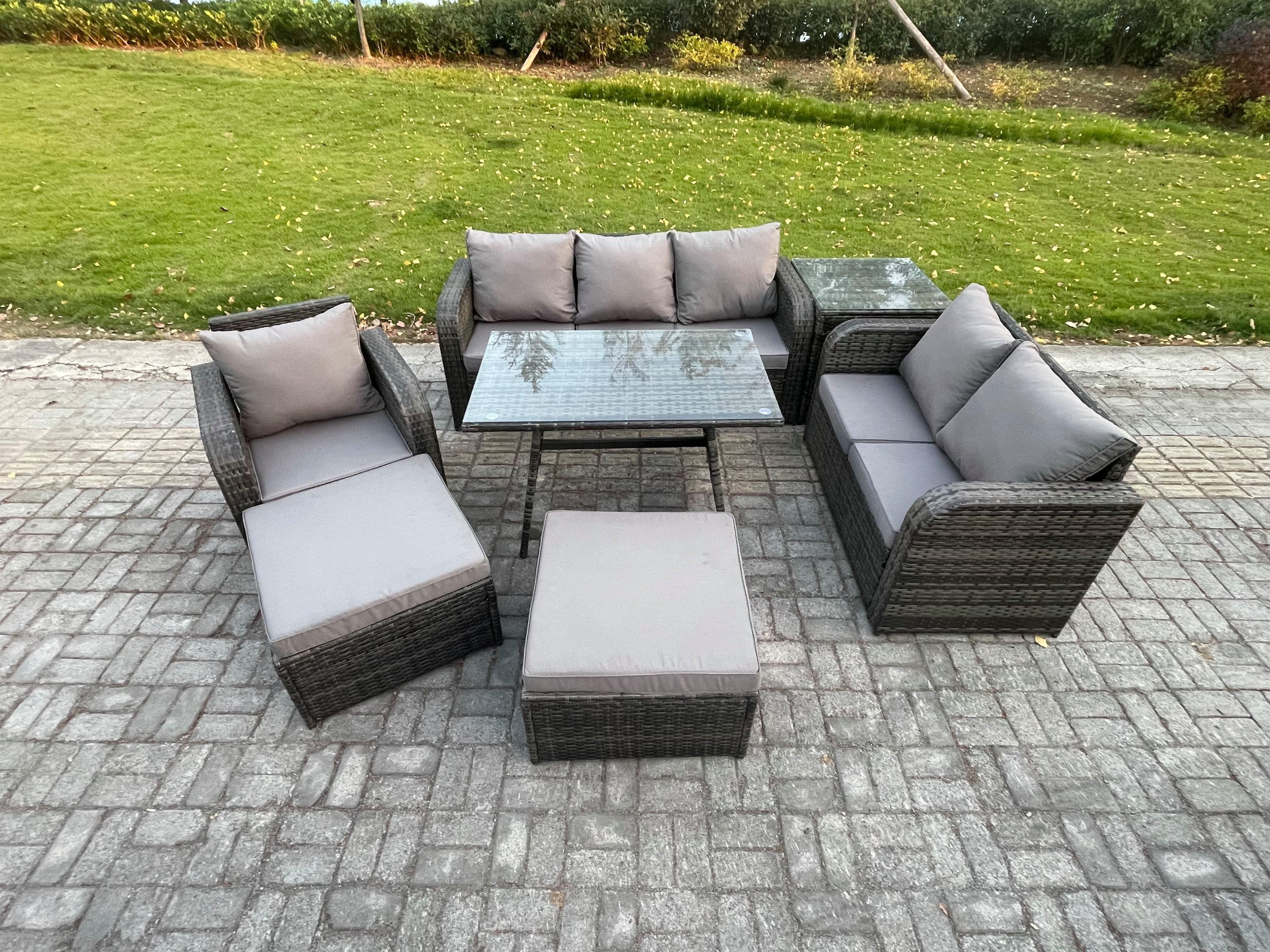7 PCS Outdoor Lounge Sofa Set Wicker PE Rattan Garden Furniture Set Rectangular Dining Table Armchair 2 Big Footstool Side Table