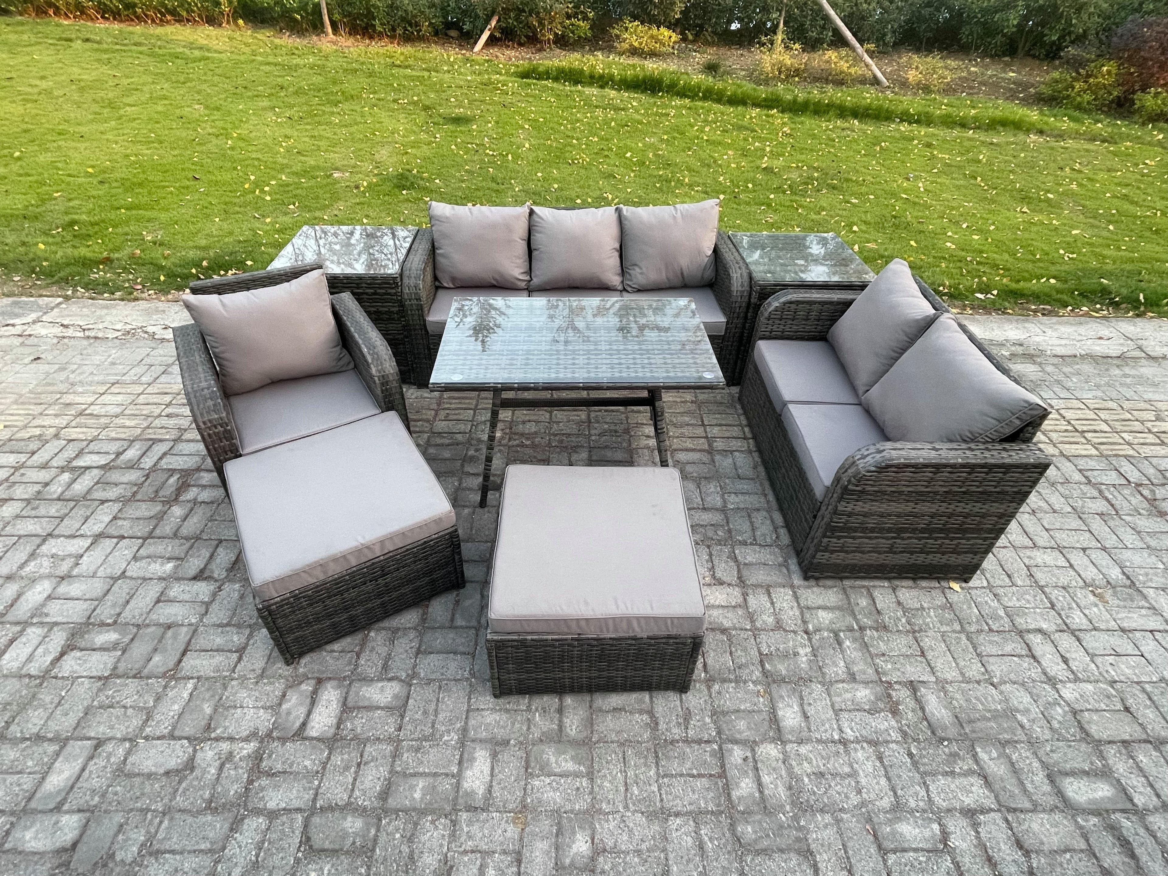 8 PCS Outdoor Lounge Sofa Set Wicker PE Rattan Garden Furniture Set Rectangular Dining Table Armchair 2 Big Footstool 2 Side Tables