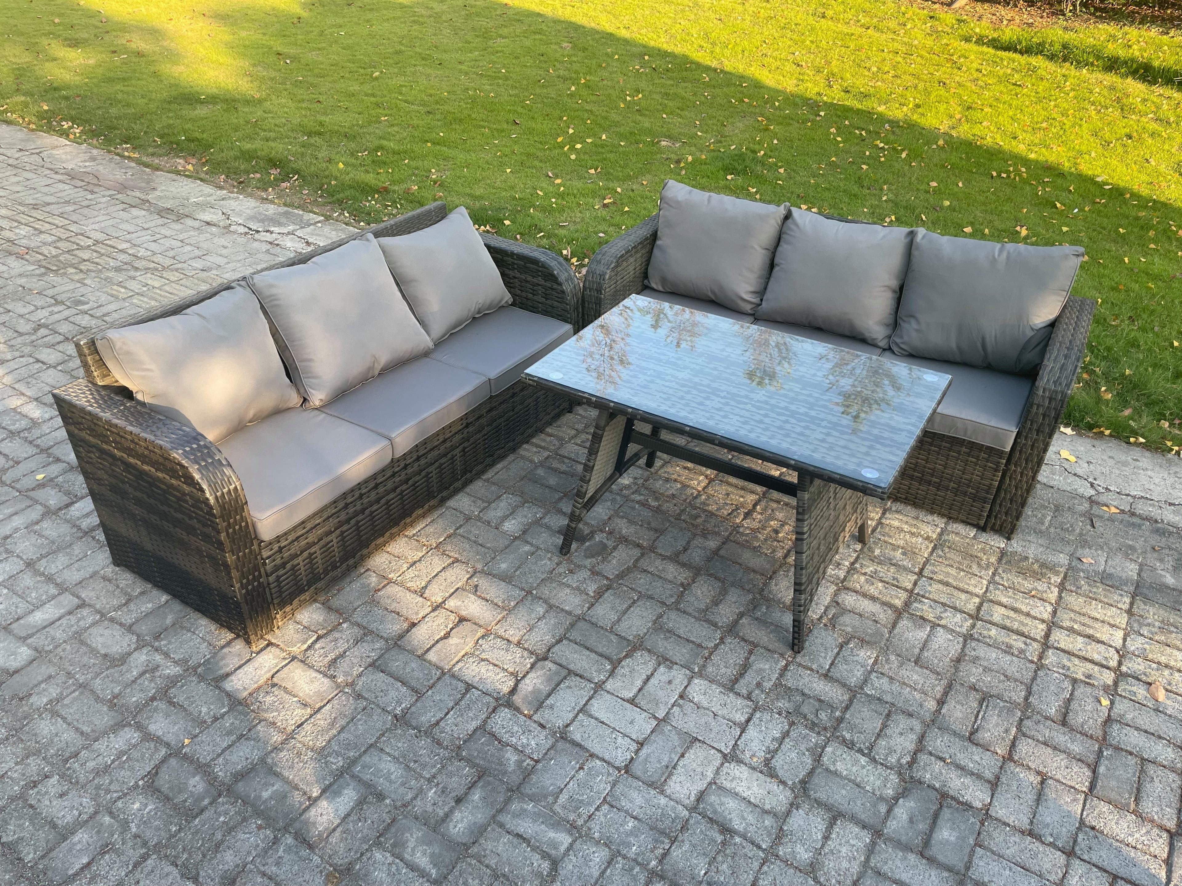 6 Seater Garden Furniture Sofa Set Rectangular Dining Table Indoor Outdoor Rattan Set Dark Grey Mixed