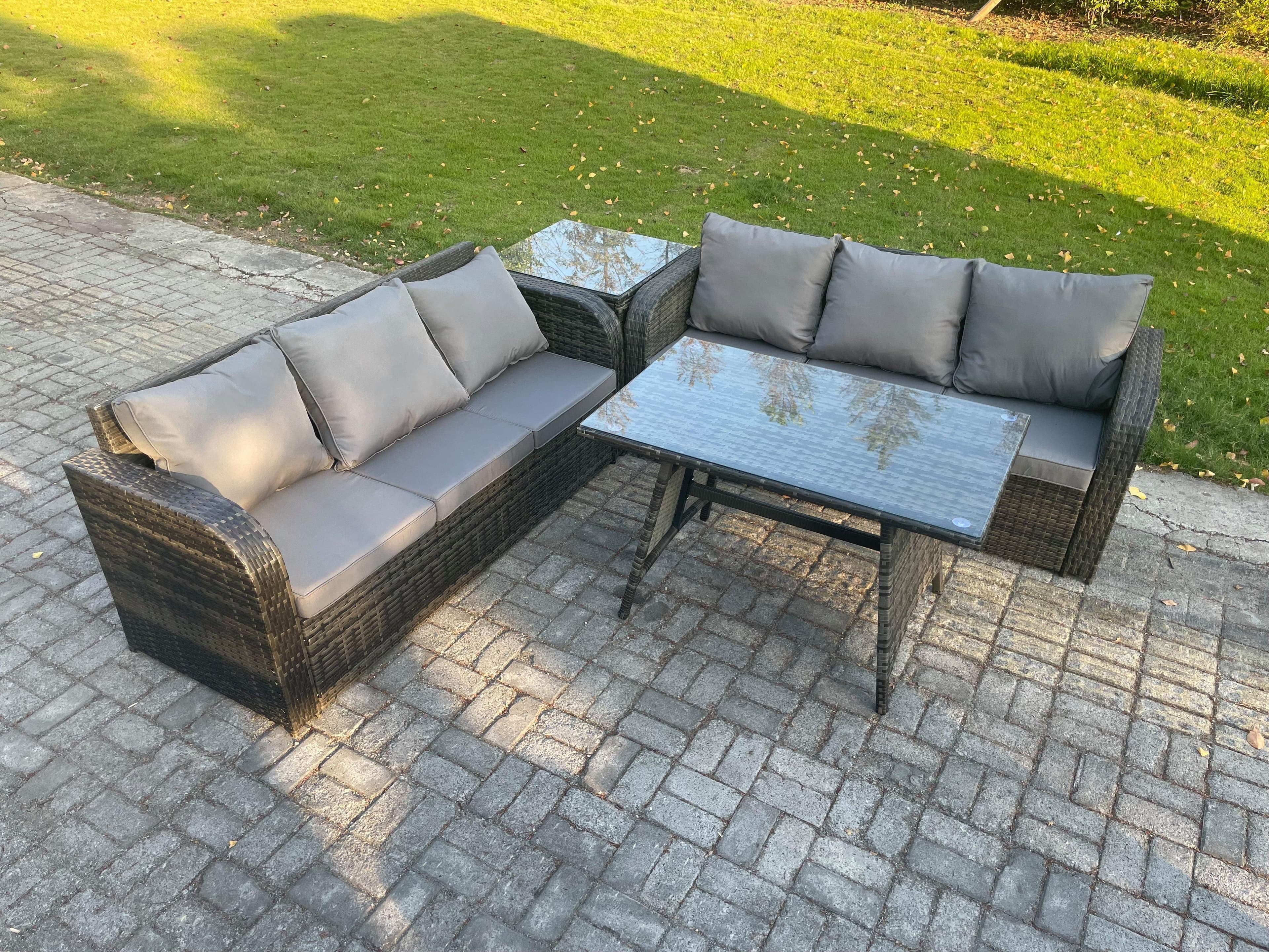Garden Furniture Sofa Set Rectangular Dining Table Indoor Outdoor 6 Seater Rattan Set Dark Grey Mixed