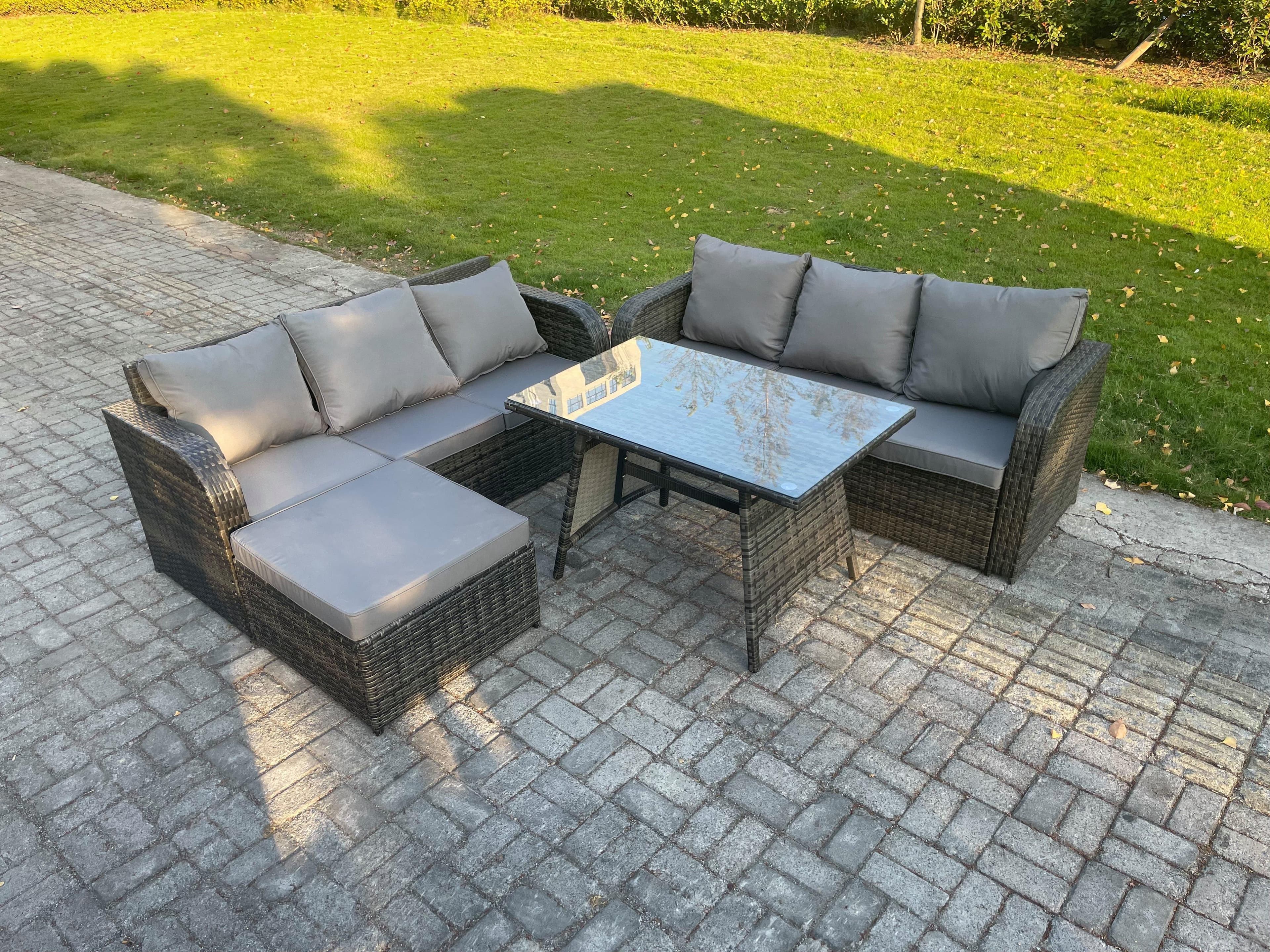 7 Seater Garden Furniture Sofa Set Rectangular Dining Table Big Footstool Indoor Outdoor Rattan Set Dark Grey Mixed