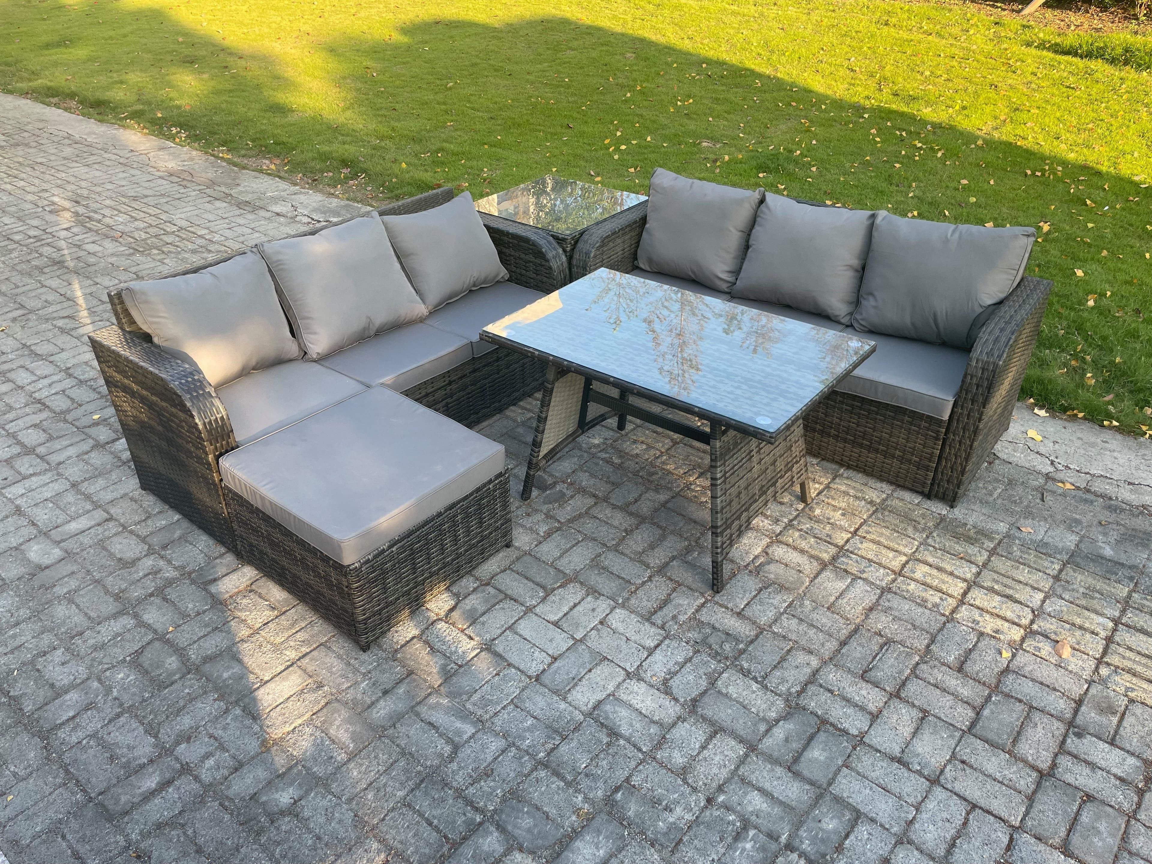 Garden Furniture Sofa Set Rectangular Dining Table Big Footstool Side Table Indoor Outdoor 7 Seater Rattan Set