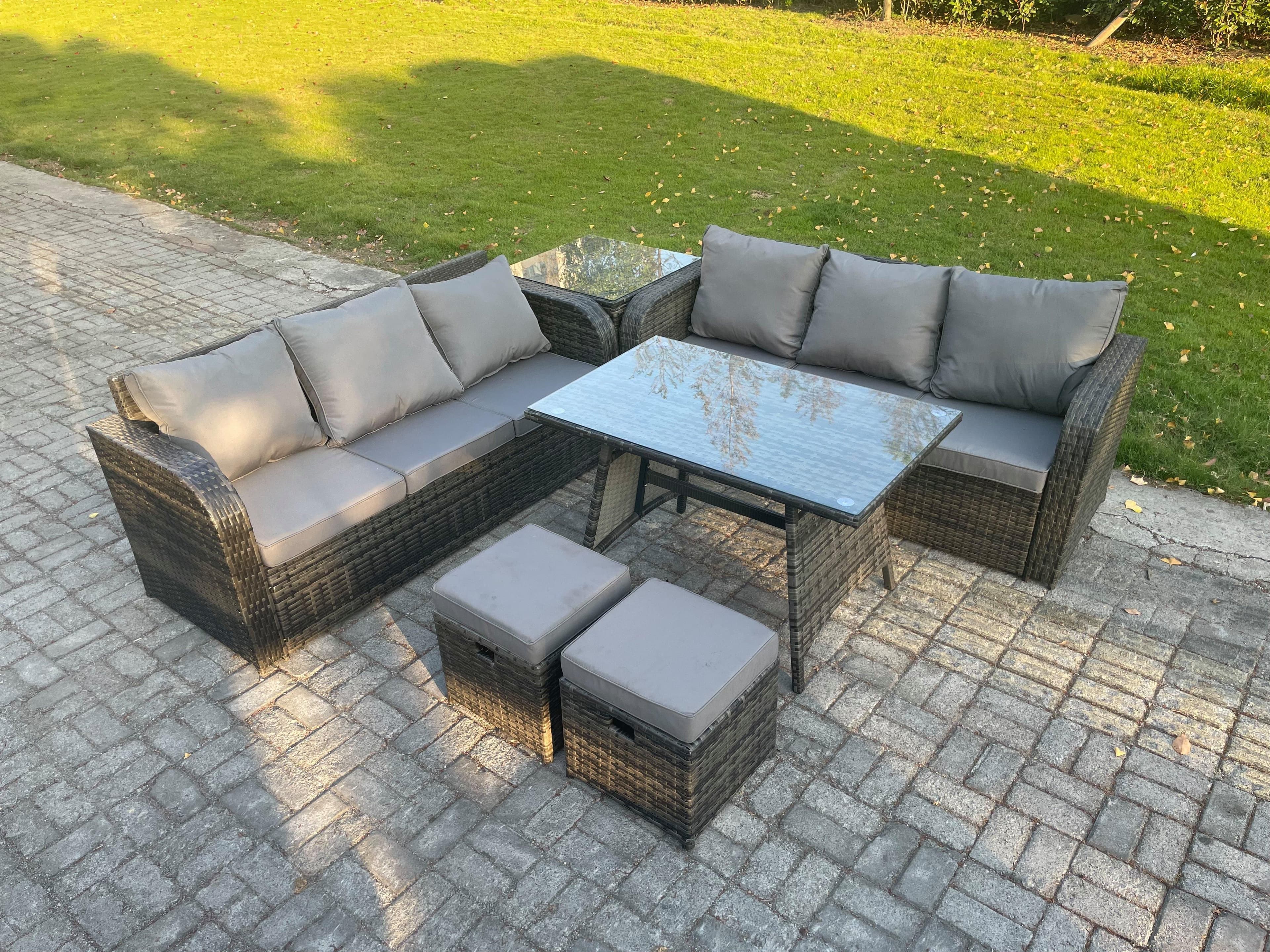 Garden Furniture Sofa Set Rectangular Dining Table 2 Small Footstool Side Table Indoor Outdoor 8 Seater Rattan Set