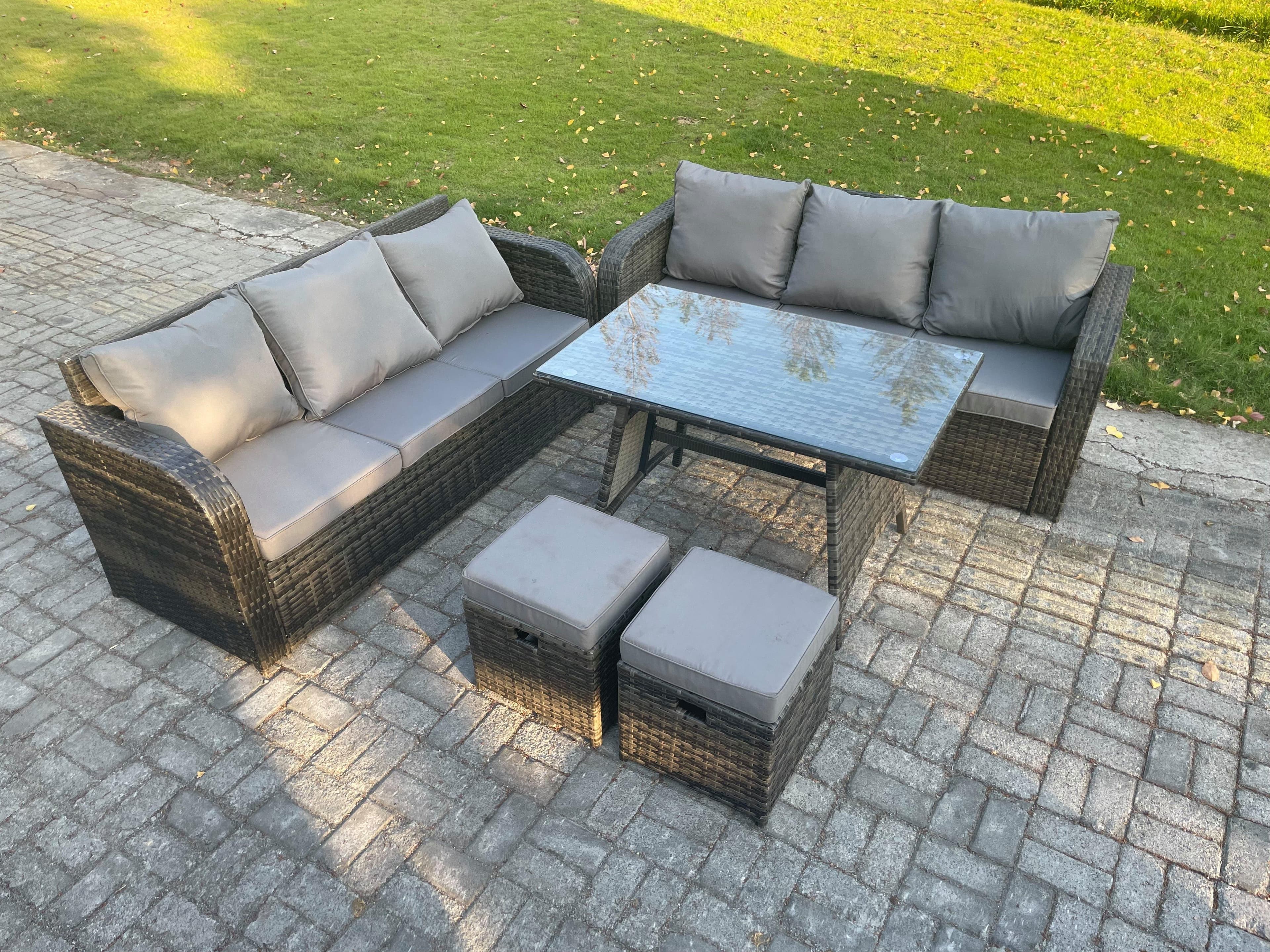 8 Seater Garden Furniture Sofa Set Rectangular Dining Table 2 Small Footstool Indoor Outdoor Rattan Set Dark Grey Mixed