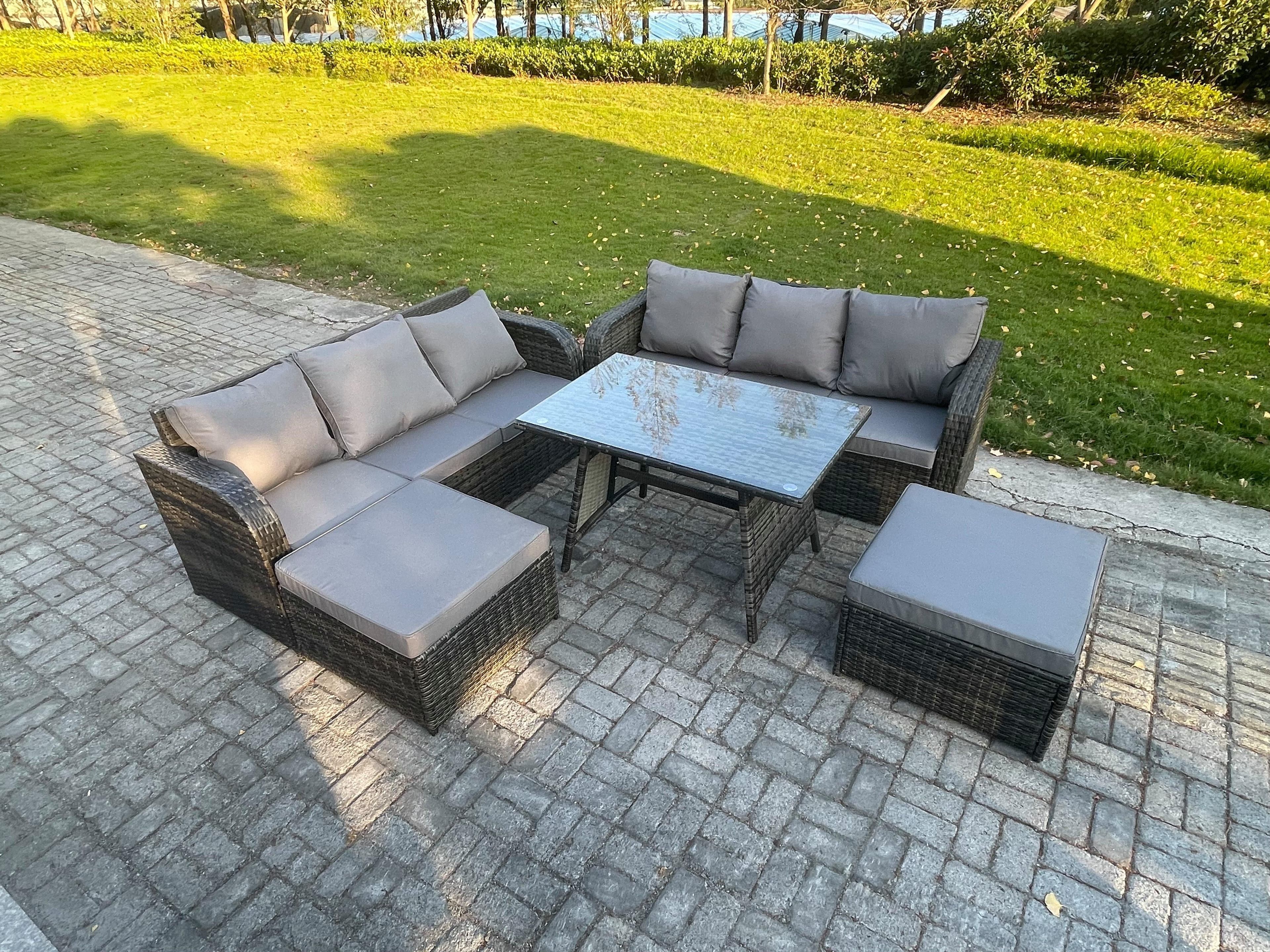 Garden Furniture Sofa Set Rectangular Dining Table 2 Big Footstool Indoor Outdoor 8 Seater Rattan Set Dark Grey Mixed