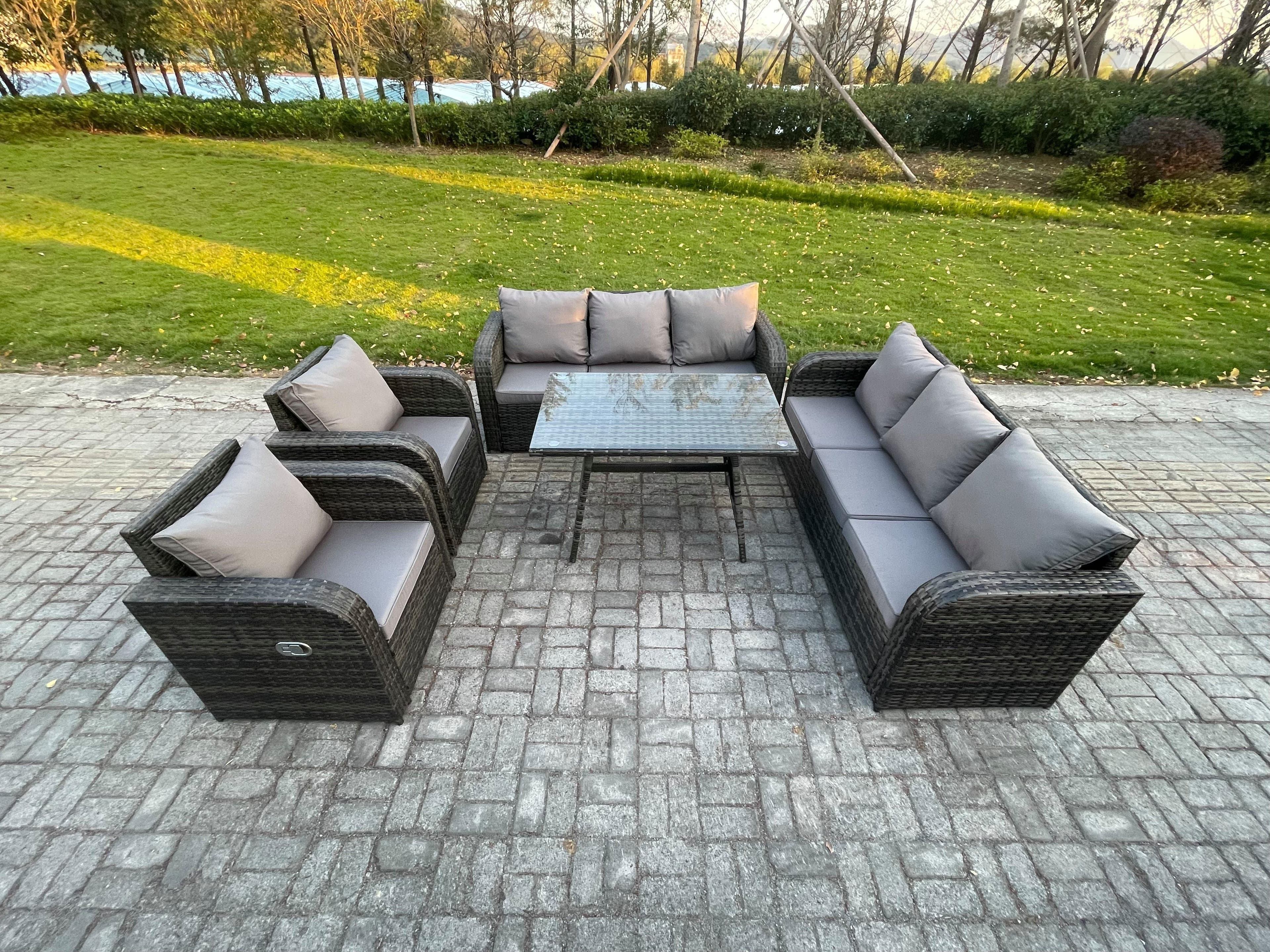 8 Seater Rattan Outdoor Garden Furniture Sofa Set Patio Table & Chairs Set 3 Seater Sofa Rectangular Dining Table
