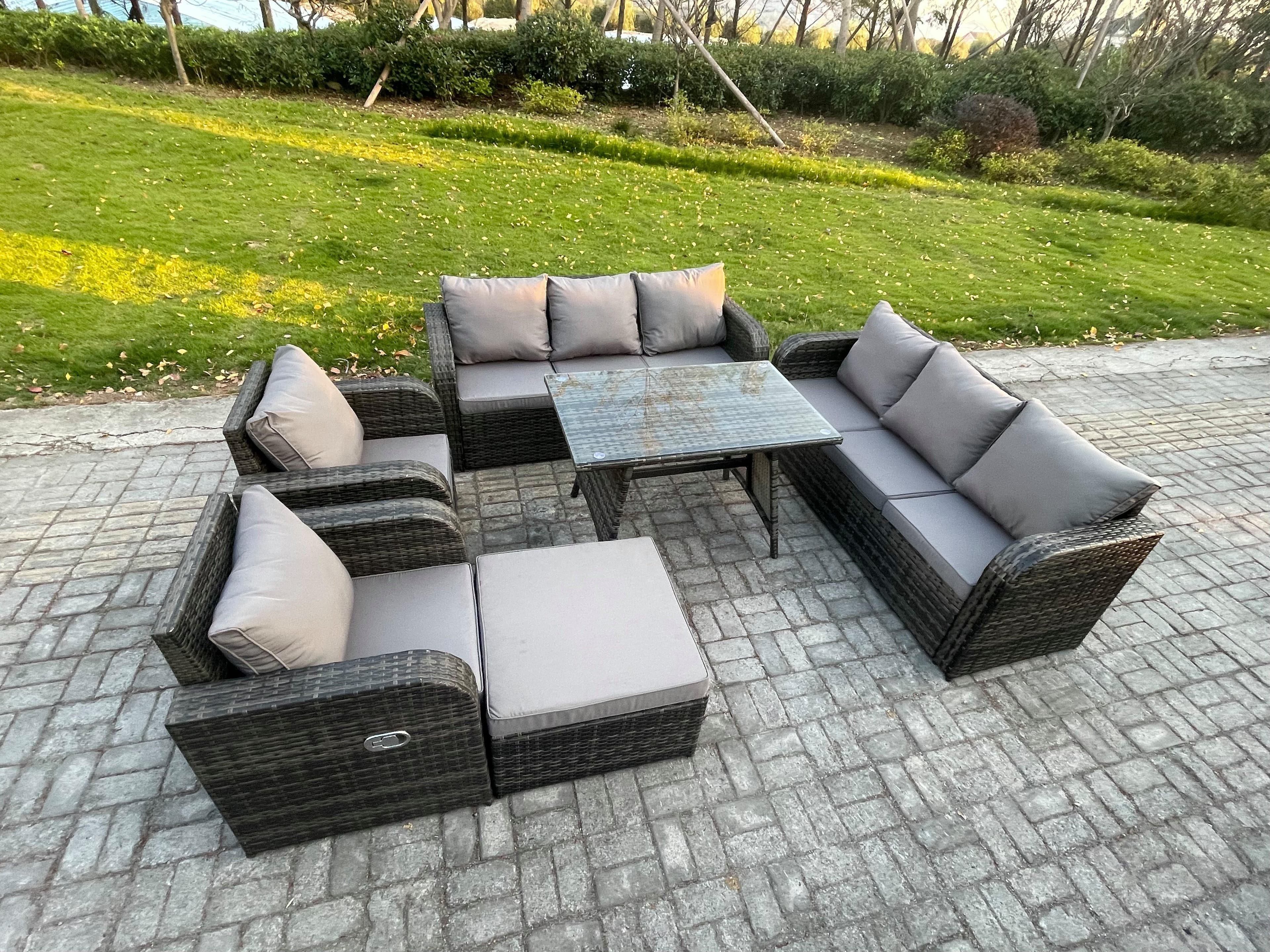 9 Seater Rattan Outdoor Garden Furniture Sofa Set Patio Table & Chairs Set 3 Seater Sofa Rectangular Dining Table