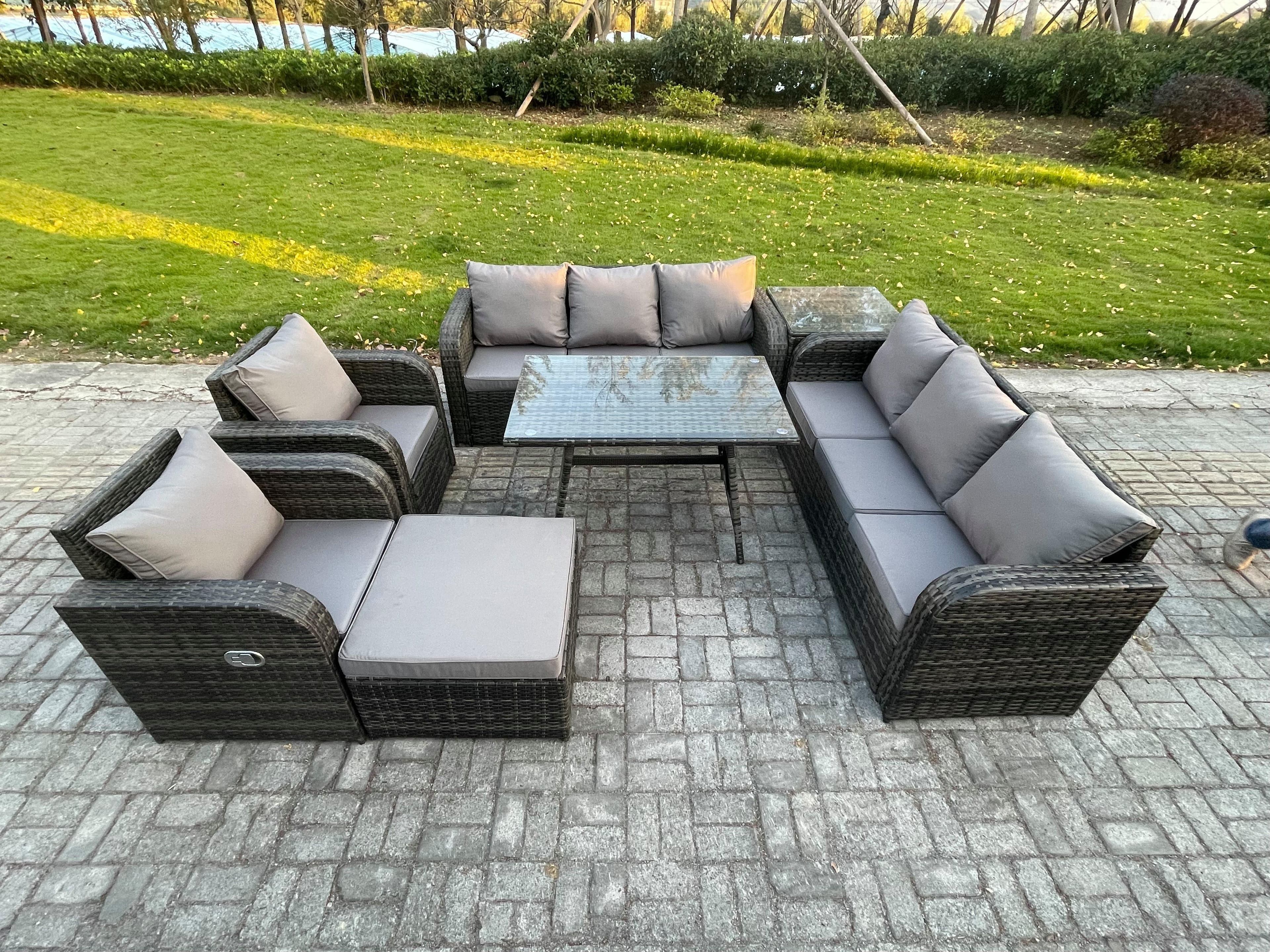 Rattan Outdoor Garden Furniture Sofa Set Patio Table & Chairs Set 3 Seater Sofa Rectangular Dining Table