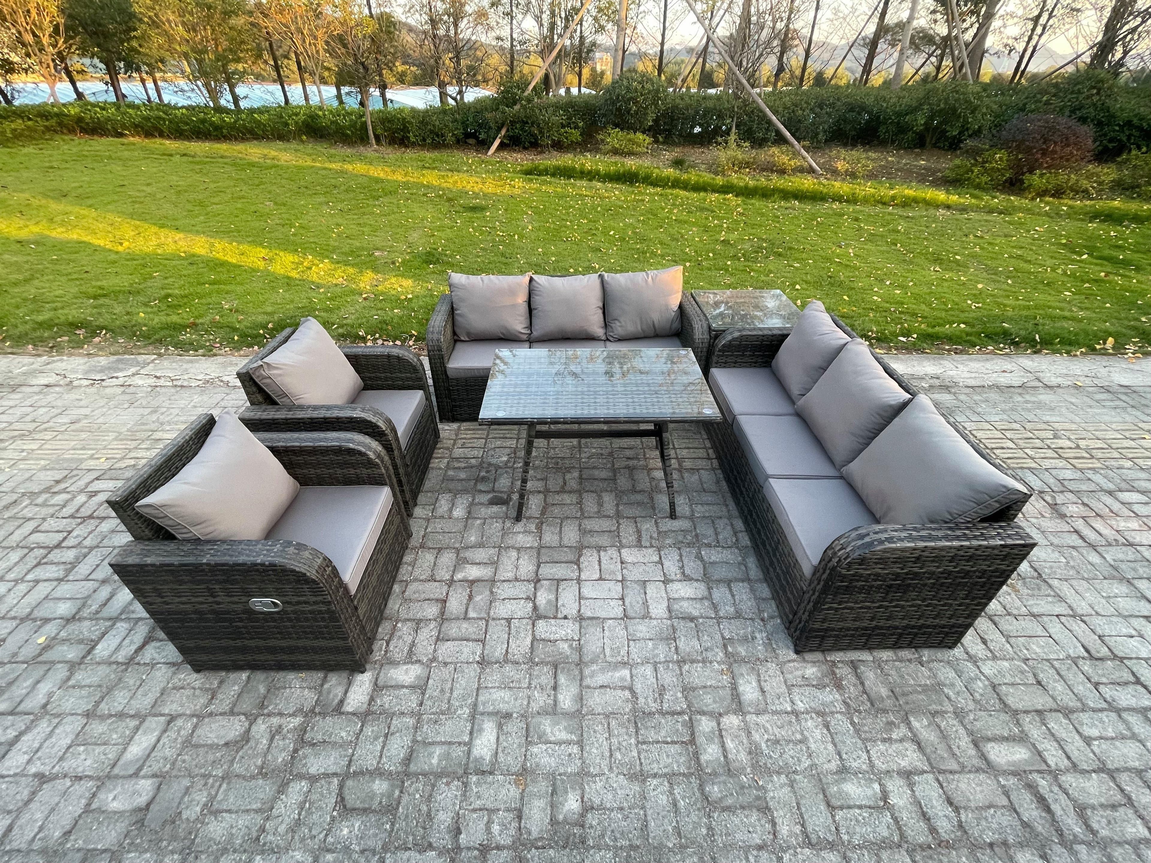 8 Seater Rattan Outdoor Garden Furniture Sofa Set Patio Table & Chairs Set 3 Seater Sofa Rectangular Dining Table Side Table