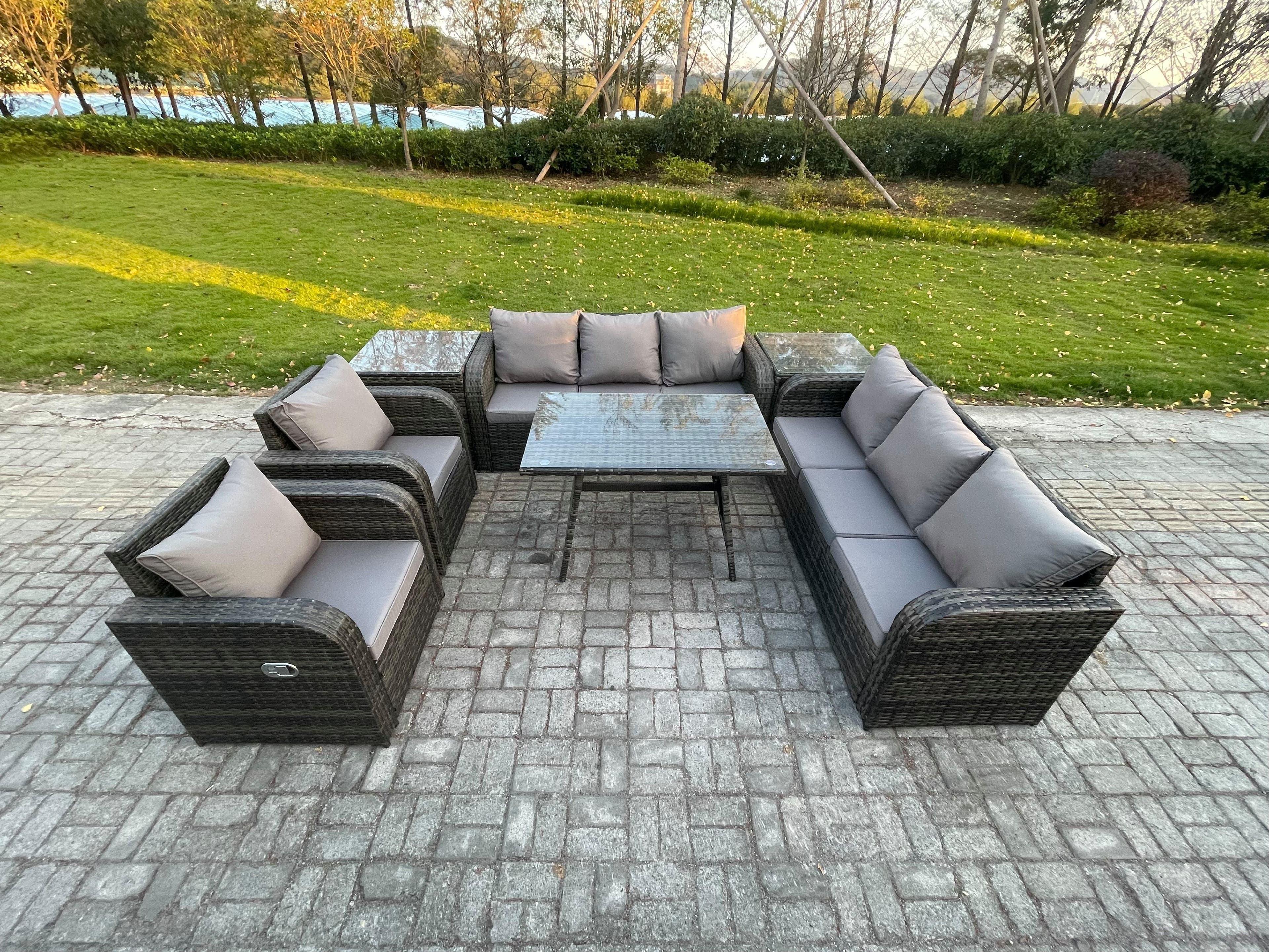 8 Seater Rattan Outdoor Garden Furniture Sofa Set Patio Table & Chairs Set 3 Seater Sofa Rectangular Dining Table 2 Side Tables