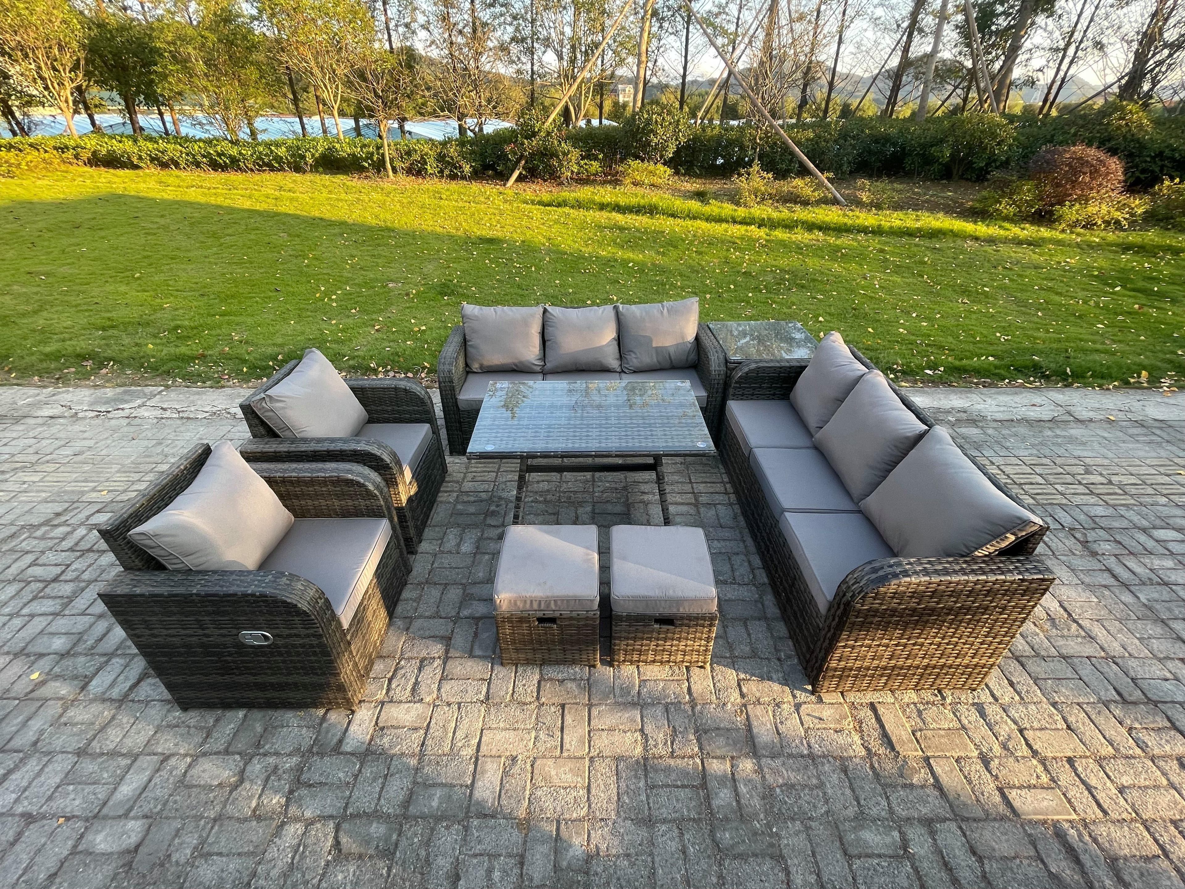 10 Seater Rattan Outdoor Garden Furniture Sofa Set Patio Table & Chairs Set 3 Seater Sofa Rectangular Dining Table Side Table