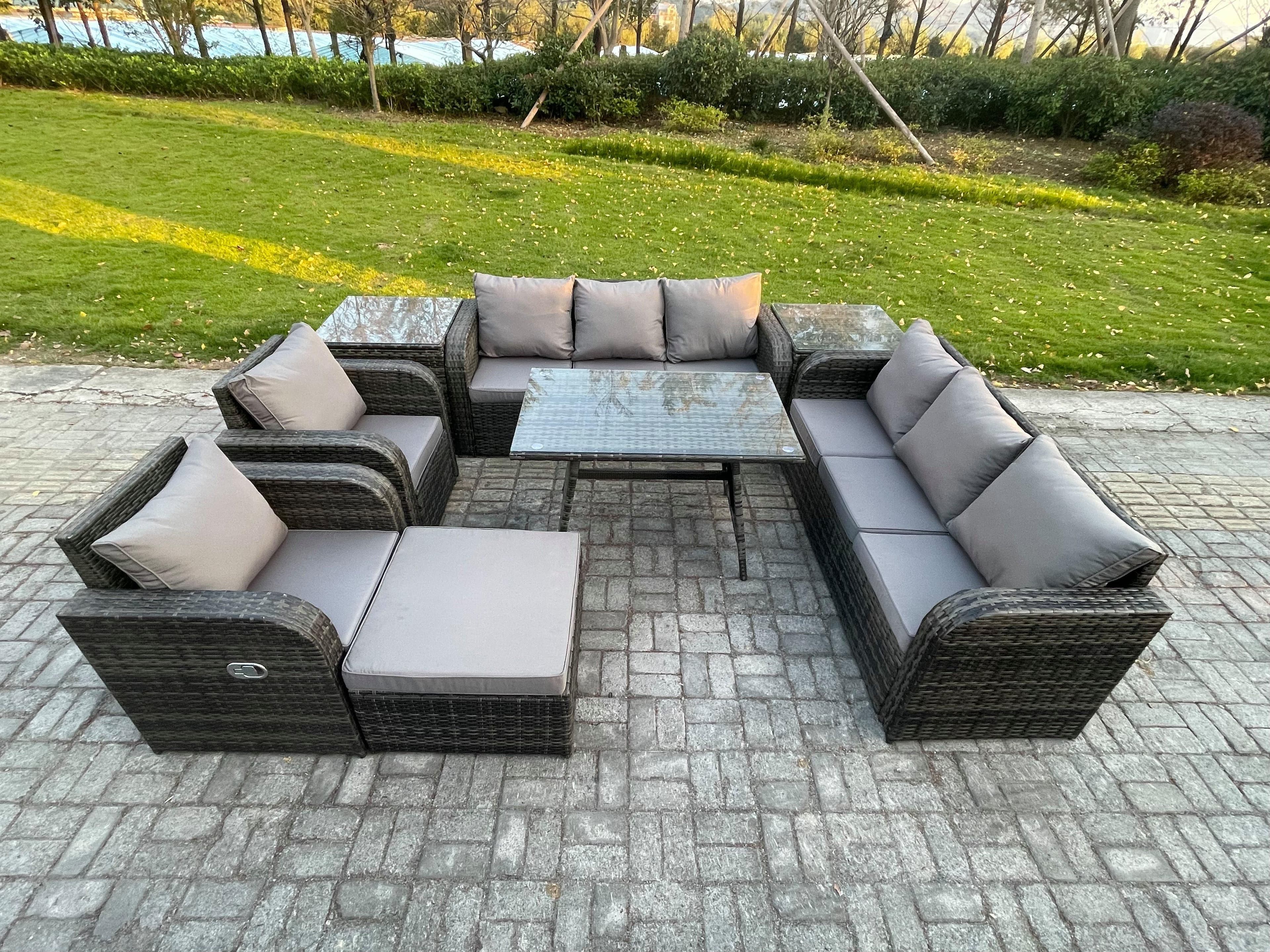 9 Seater Rattan Outdoor Garden Furniture Sofa Set Patio Table & Chairs Set 3 Seater Sofa Rectangular Dining Table 2 Side Tables