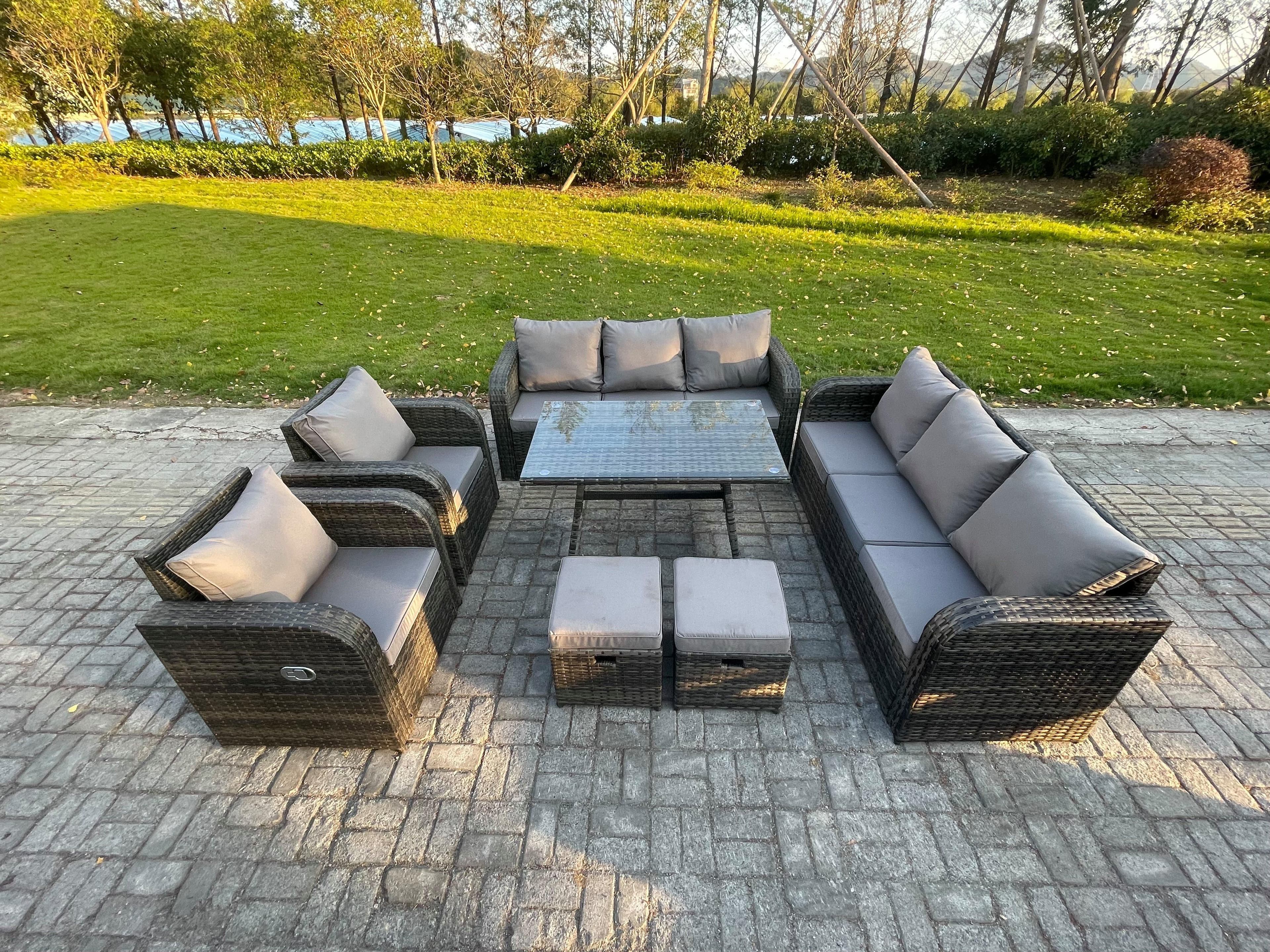 10 Seater Rattan Outdoor Garden Furniture Sofa Set Patio Table & Chairs Set 3 Seater Sofa 2 Small Footstool Dark Grey Mixed