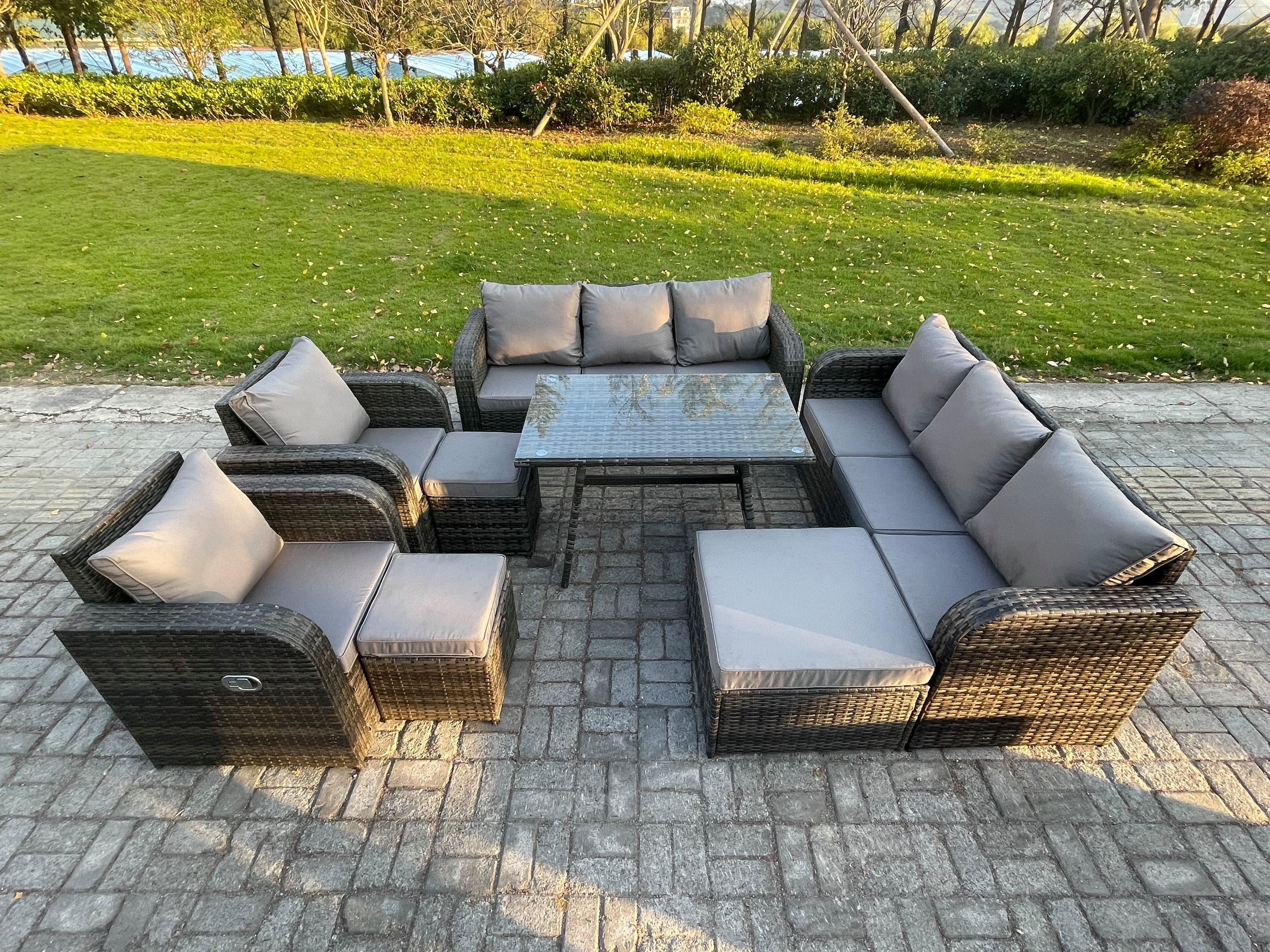 11 Seater Rattan Outdoor Garden Furniture Sofa Set Patio Table & Chairs Set 3 Seater Sofa Rectangular Dining Table Footstool