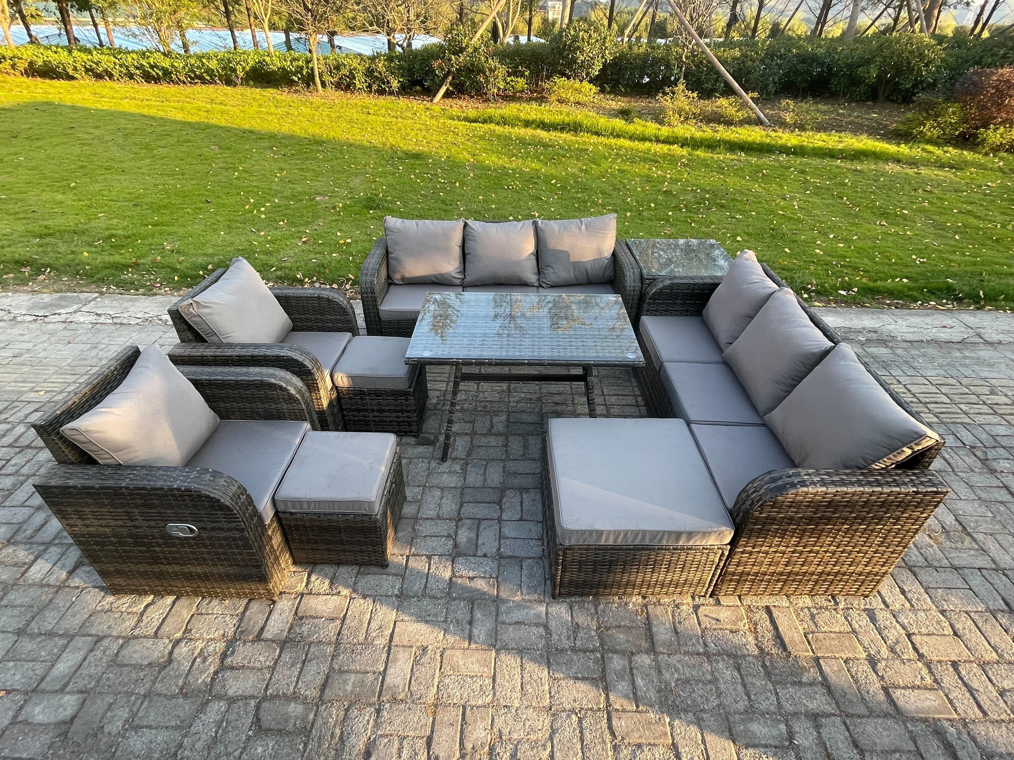 11 Seater Rattan Outdoor Garden Furniture Sofa Set Patio Table & Chairs Set 3 Seater Sofa Rectangular Dining Table Side Table