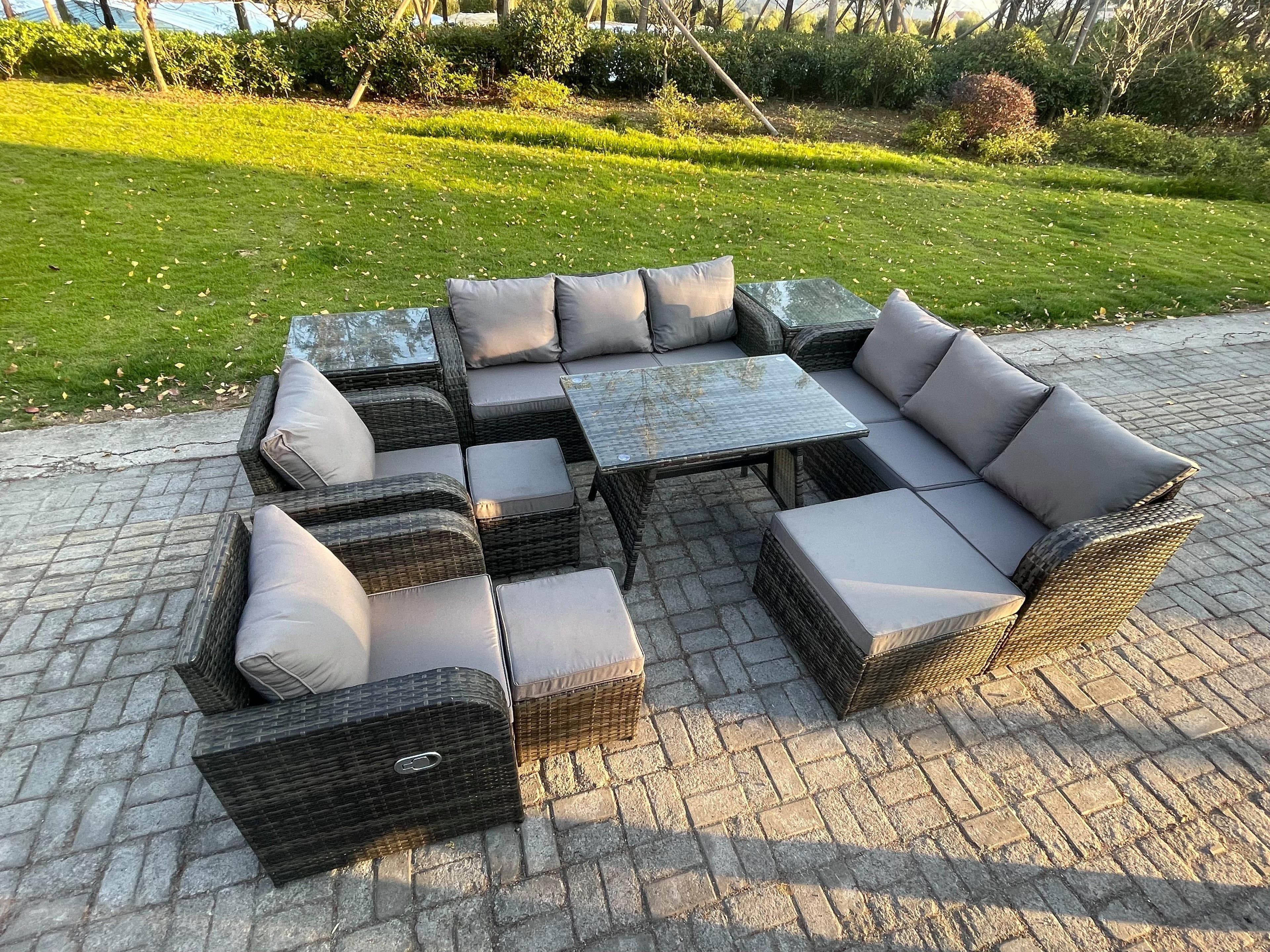 11 Seater Rattan Outdoor Garden Furniture Sofa Set Patio Table & Chairs Set 3 Seater Sofa Rectangular Dining Table 3 Footstool