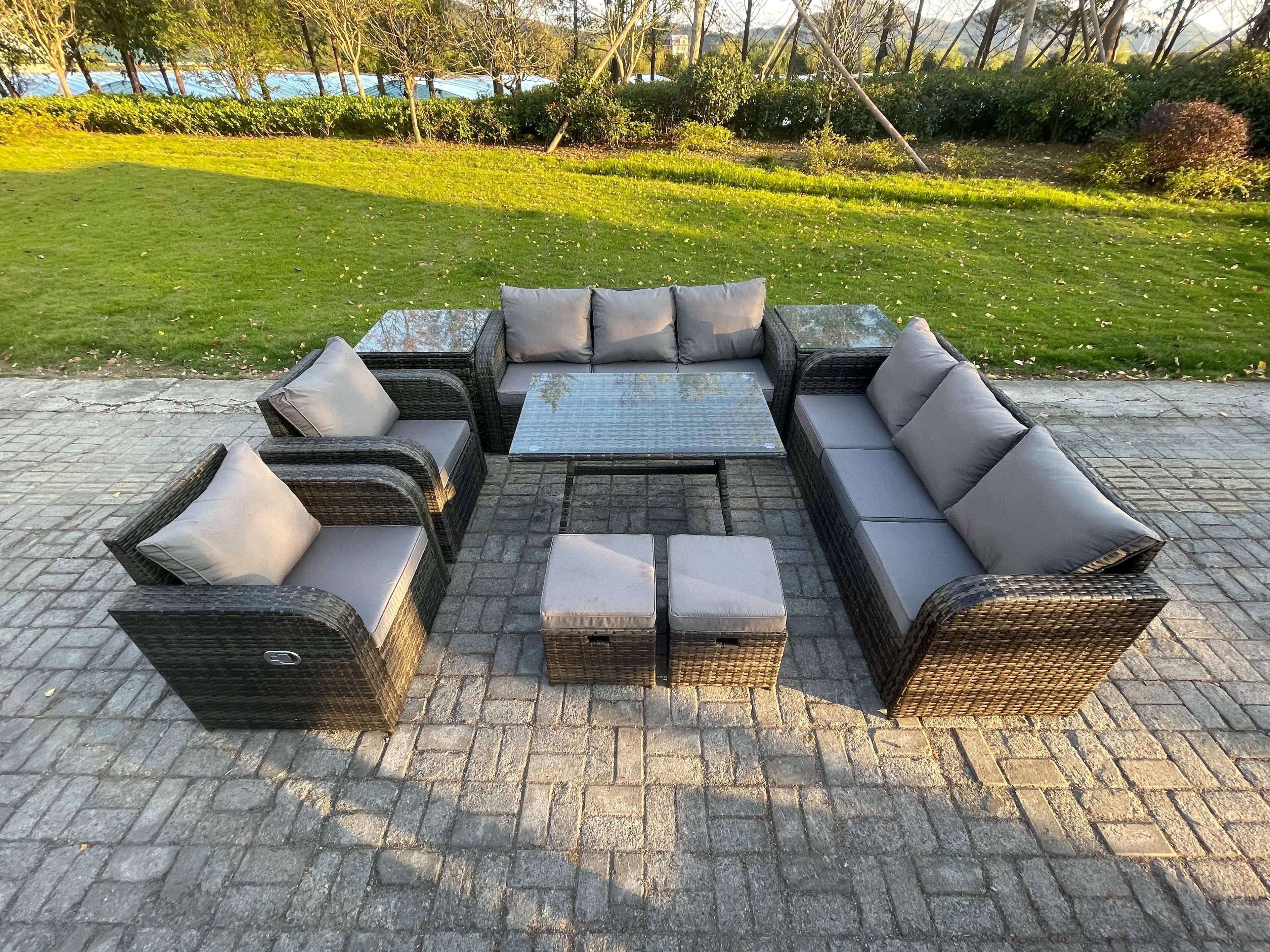10 Seater Rattan Outdoor Garden Furniture Sofa Set Patio Table & Chairs Set 3 Seater Sofa Rectangular Dining Table Small Footstool