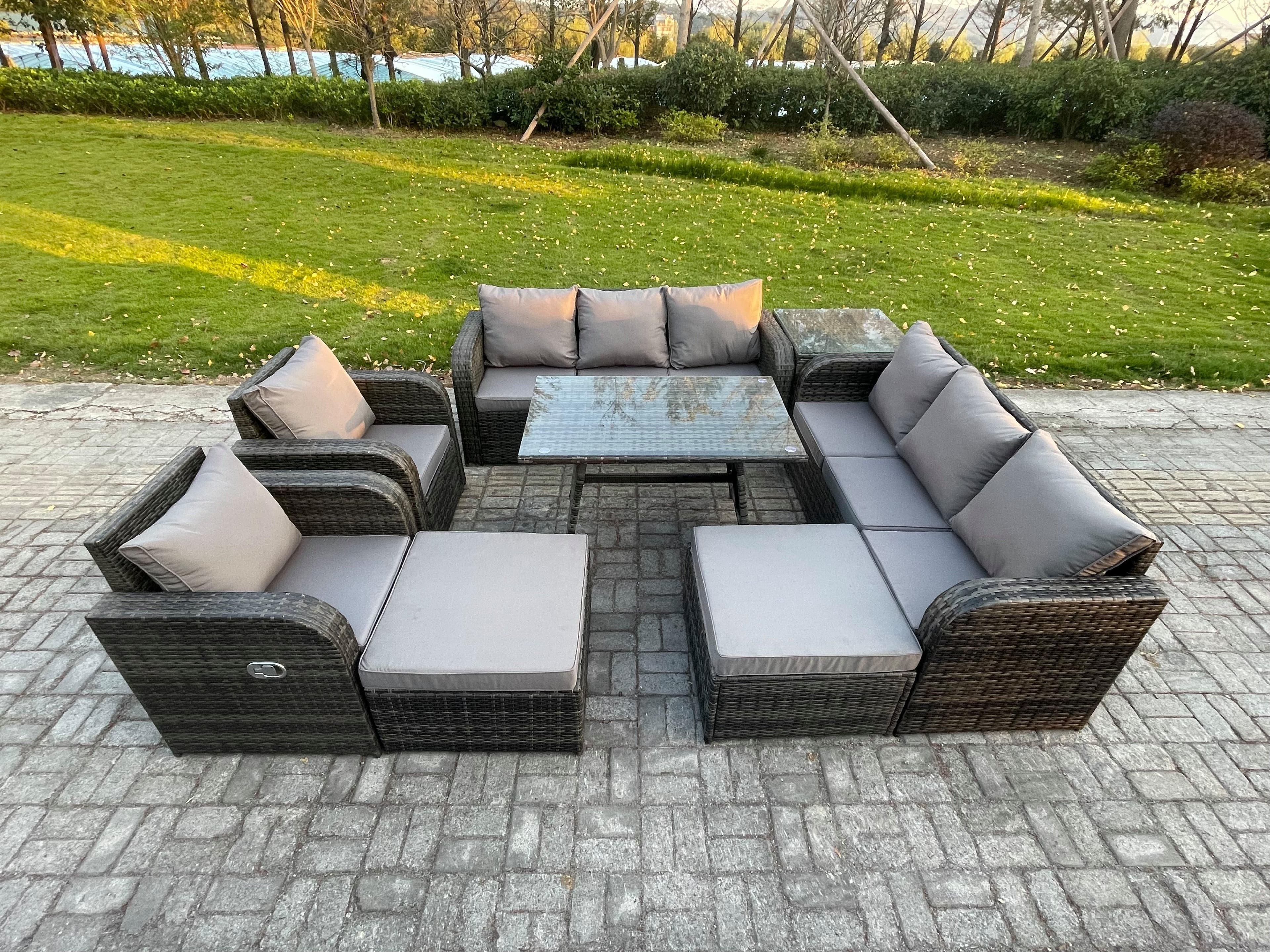 Outdoor Lounge Sofa Set Wicker PE Rattan Garden Furniture Set Rectangular Dining Table Side Table 2 Big Footstool Dark Grey Mixed