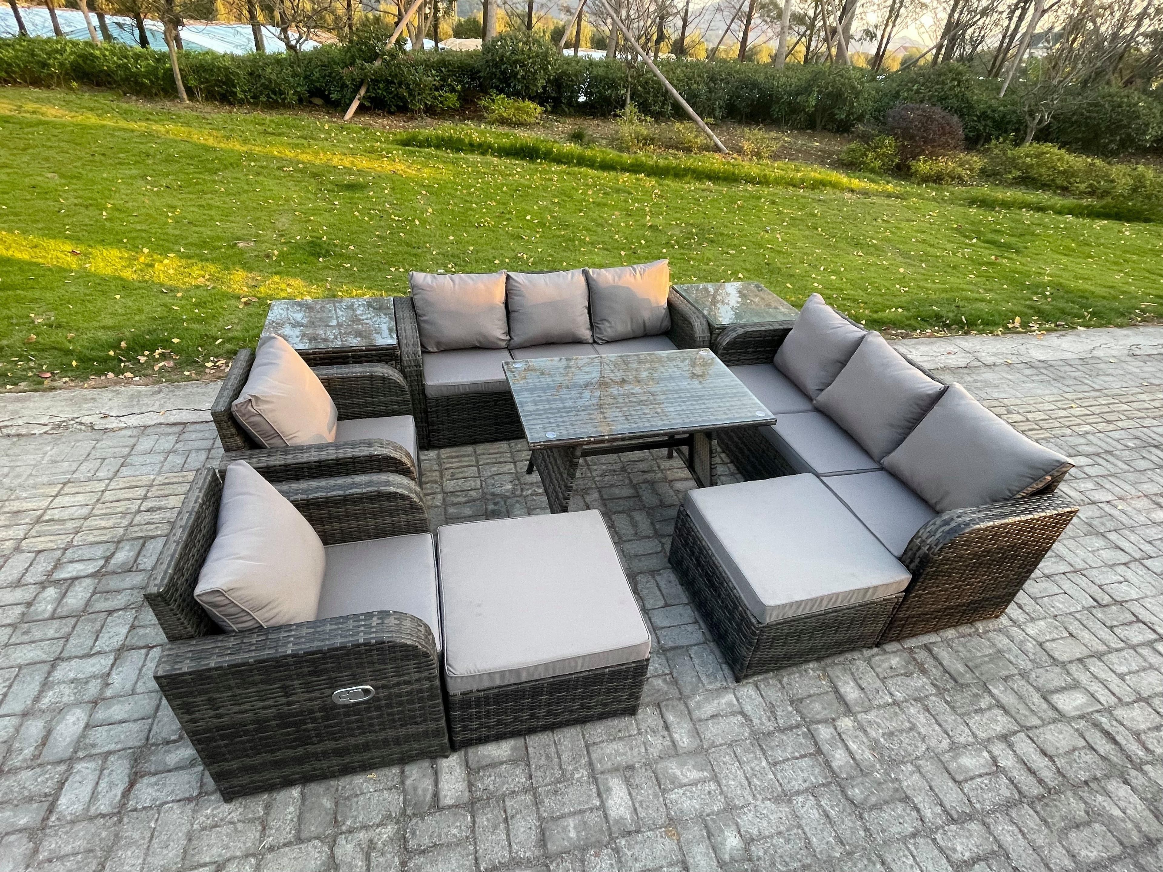 Outdoor Lounge Sofa Set Wicker PE Rattan Garden Furniture Set Rectangular Dining Table 2 Side Tables 2 Big Footstool Dark Grey Mixed