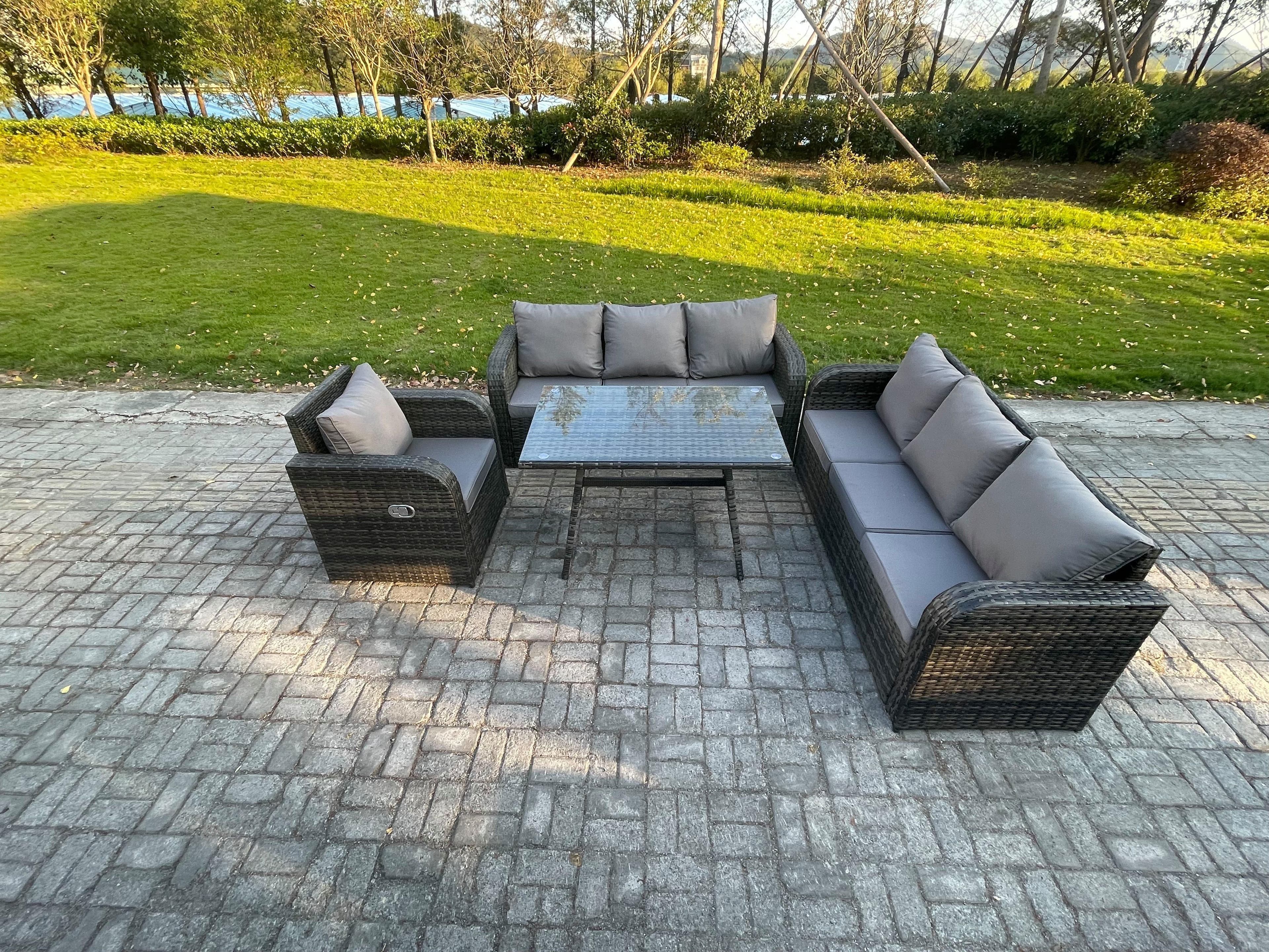 Outdoor Lounge Sofa Set Wicker PE Rattan Garden Furniture Set Rectangular Dining Table Reclining Chair Dark Grey Mixed