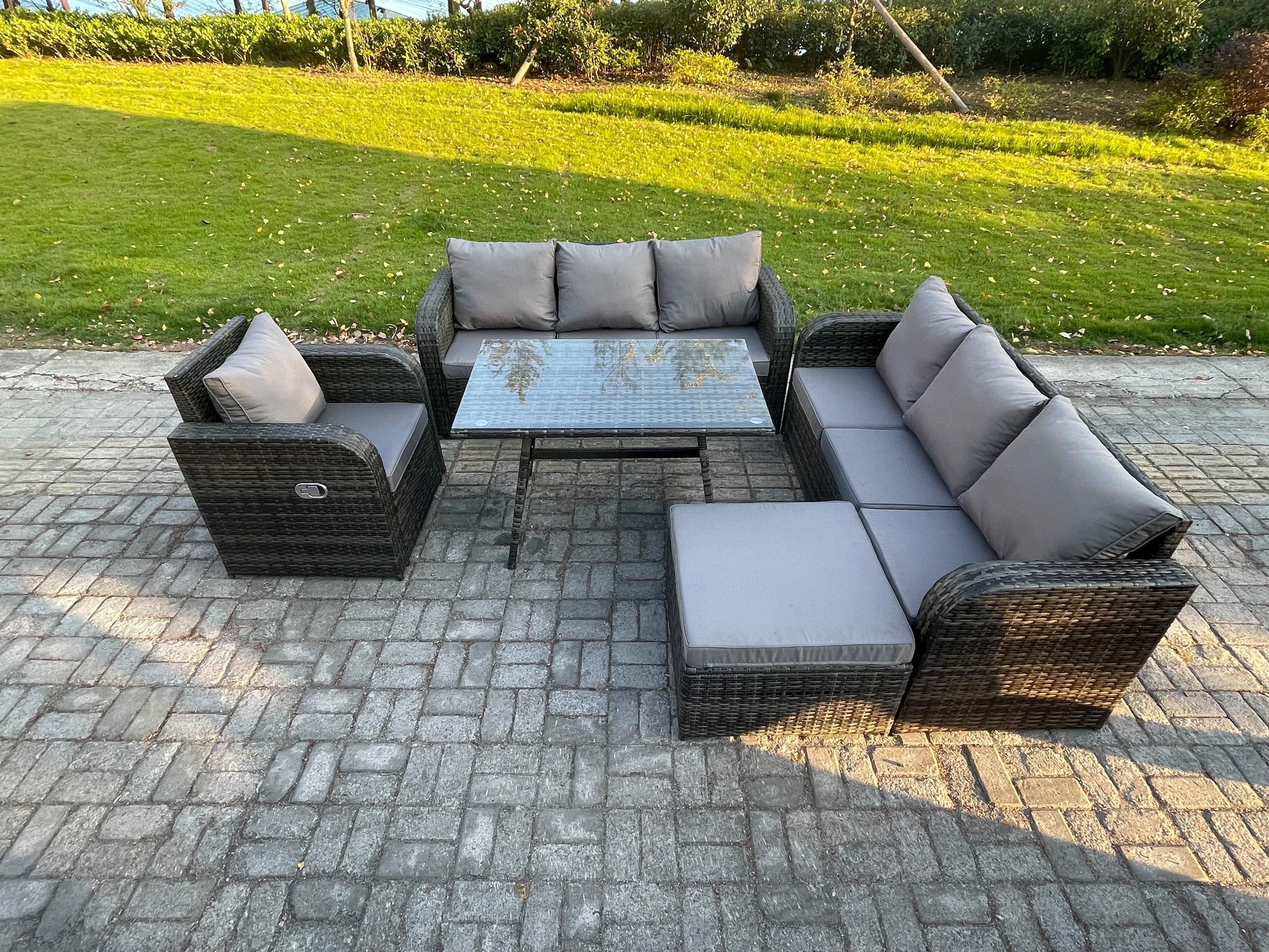 Outdoor Lounge Sofa Set Wicker PE Rattan Garden Furniture Set Rectangular Dining Table Reclining Chair Big Footstool Dark Grey Mixed