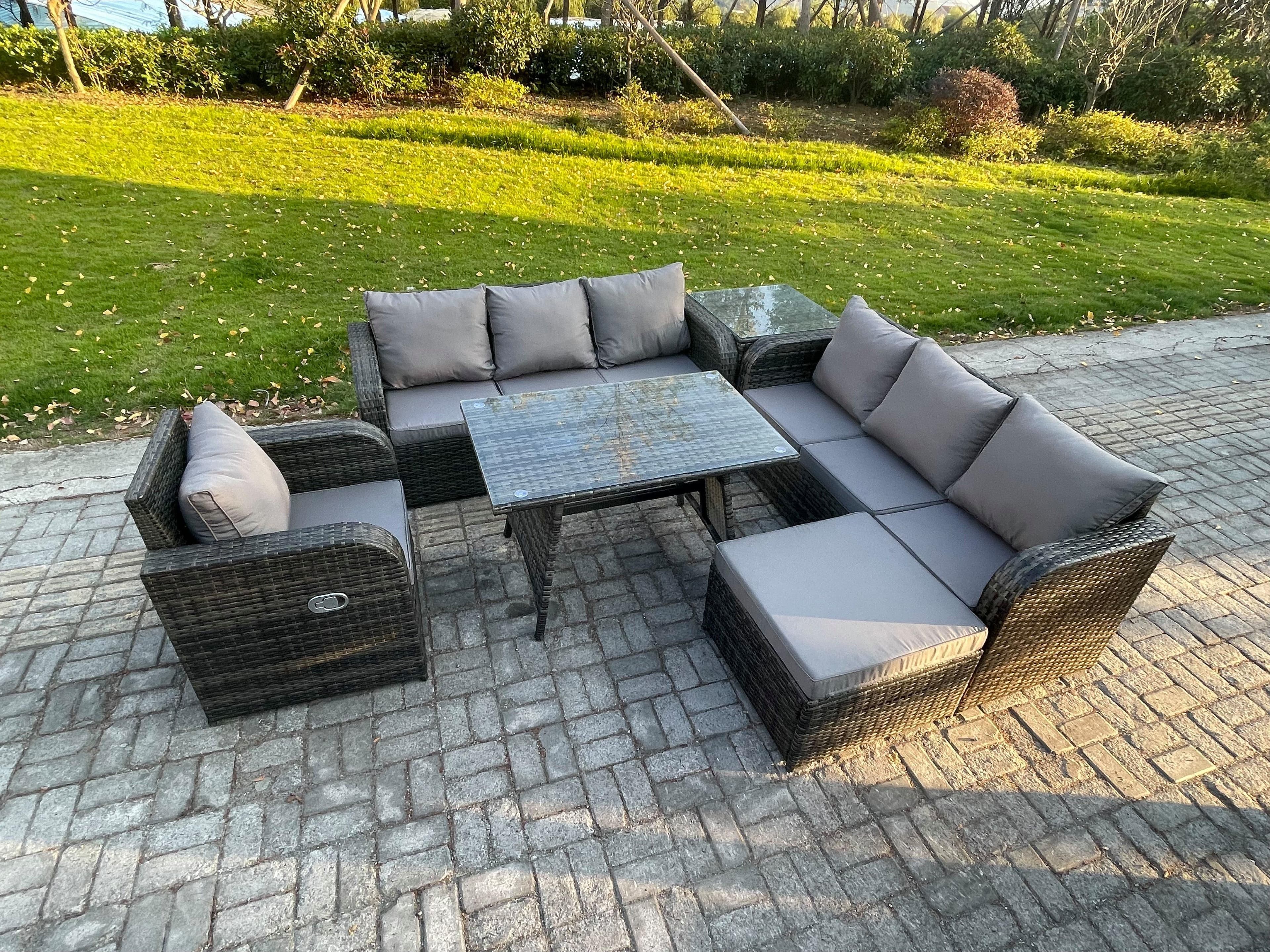 Outdoor Lounge Sofa Set Wicker PE Rattan Garden Furniture Set Rectangular Dining Table Reclining Chair Big Footstool Side Table