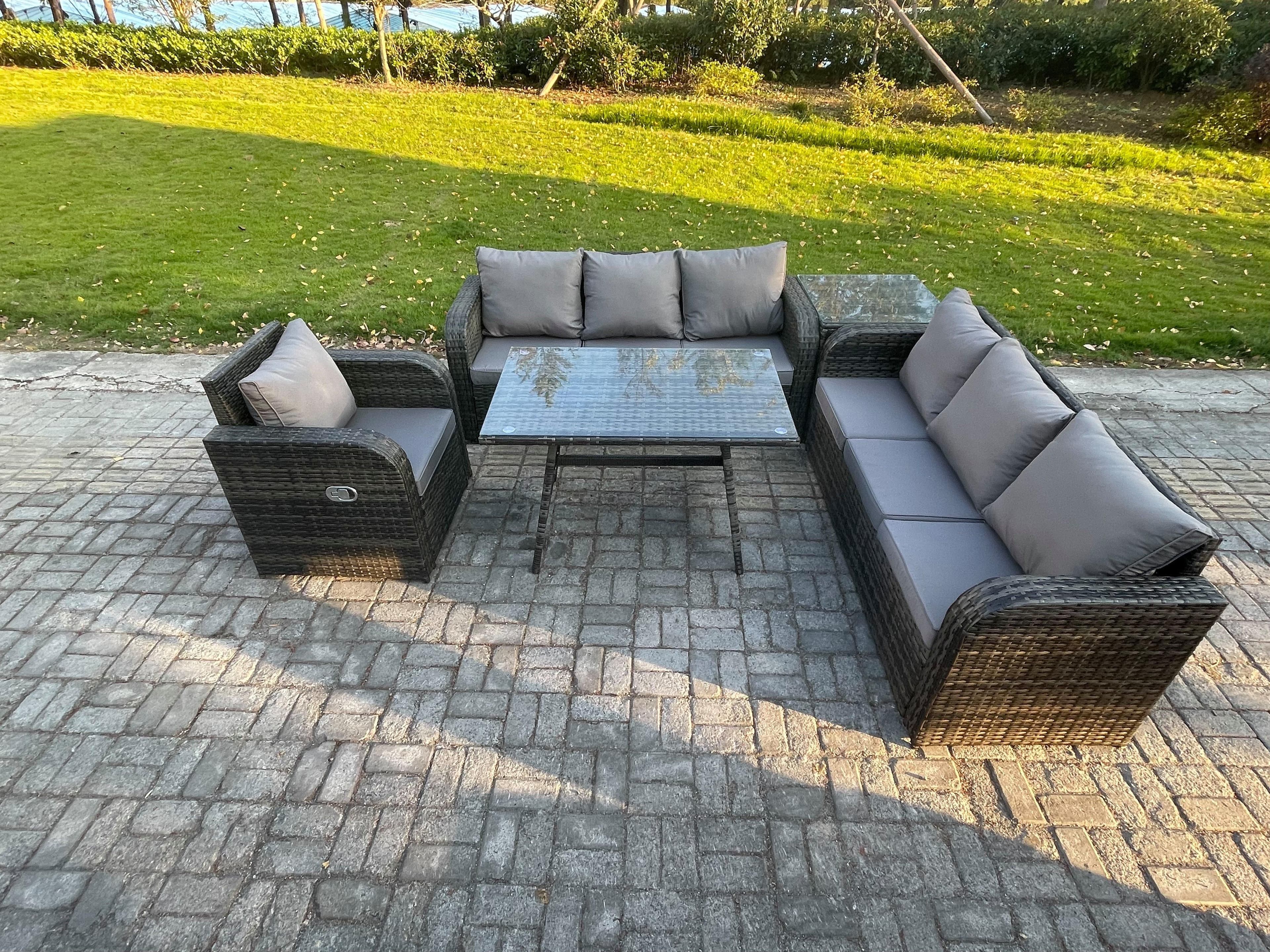 Outdoor Lounge Sofa Set Wicker PE Rattan Garden Furniture Set Rectangular Dining Table Reclining Chair Side Table Dark Grey Mixed