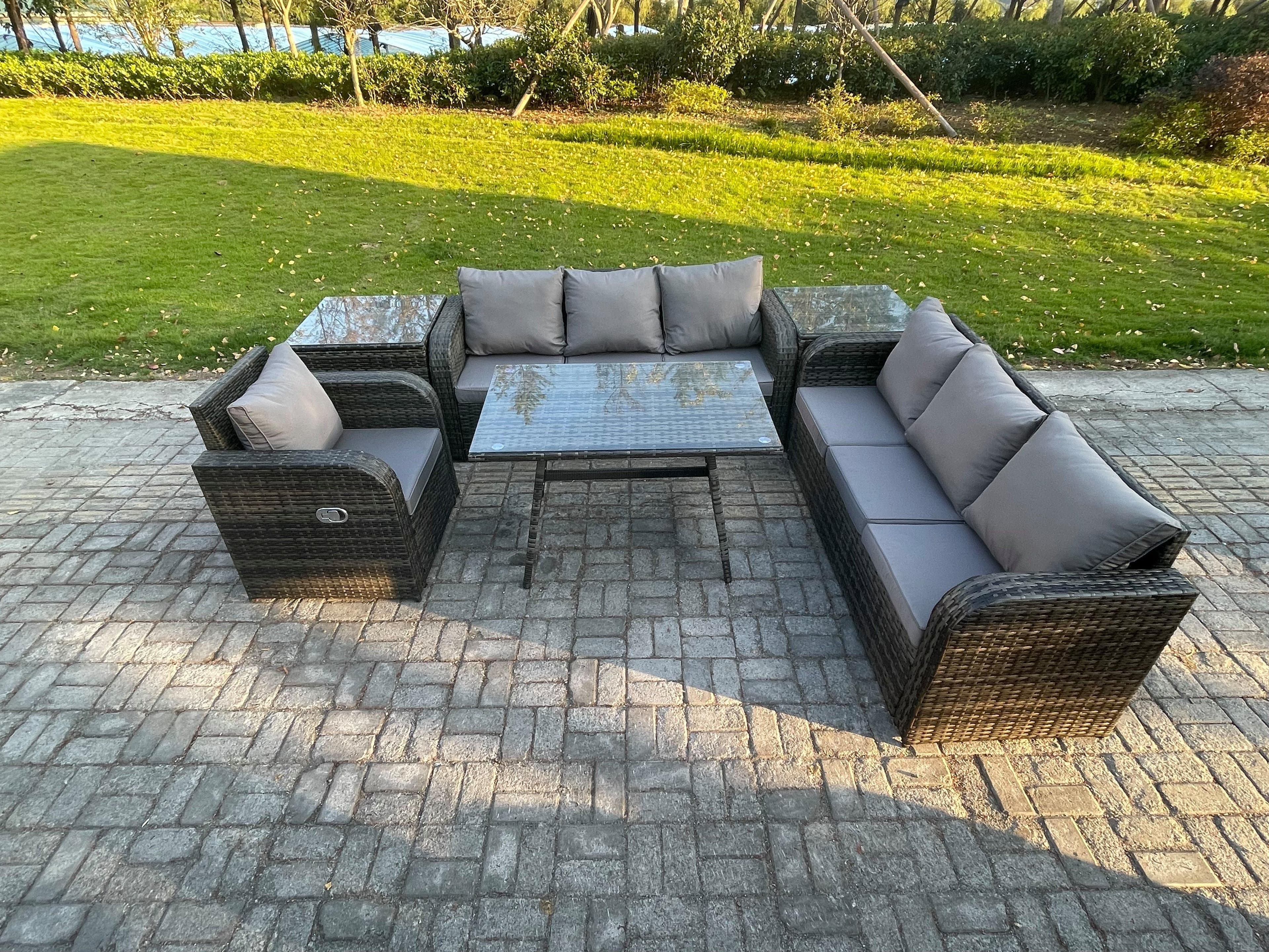 Outdoor Lounge Sofa Set Wicker PE Rattan Garden Furniture Set Rectangular Dining Table Reclining Chair 2 Side Tables Dark Grey Mixed
