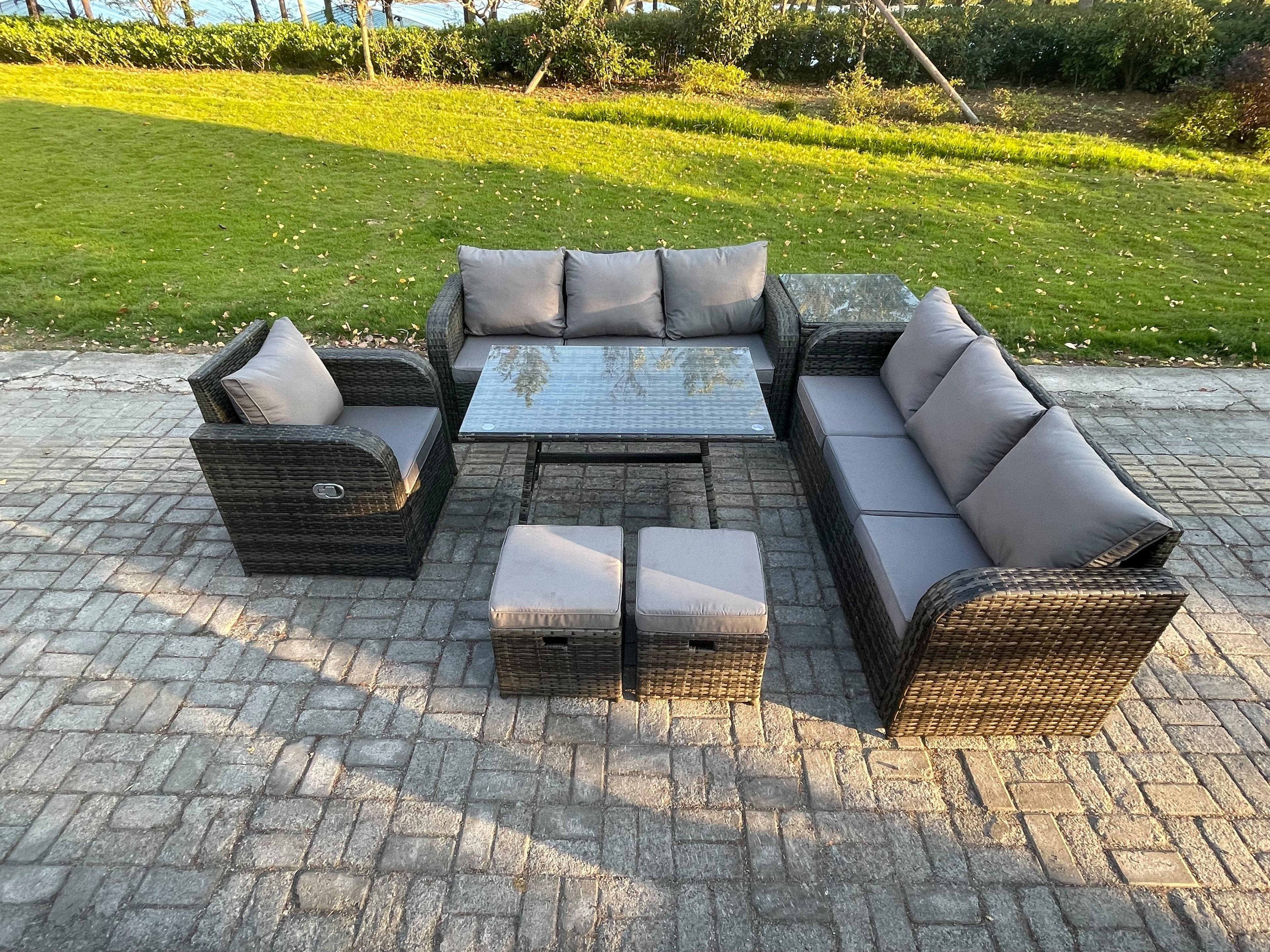 Outdoor Lounge Sofa Set Wicker PE Rattan Garden Furniture Set Rectangular Dining Table Reclining Chair Side Table 2 Small Footstools