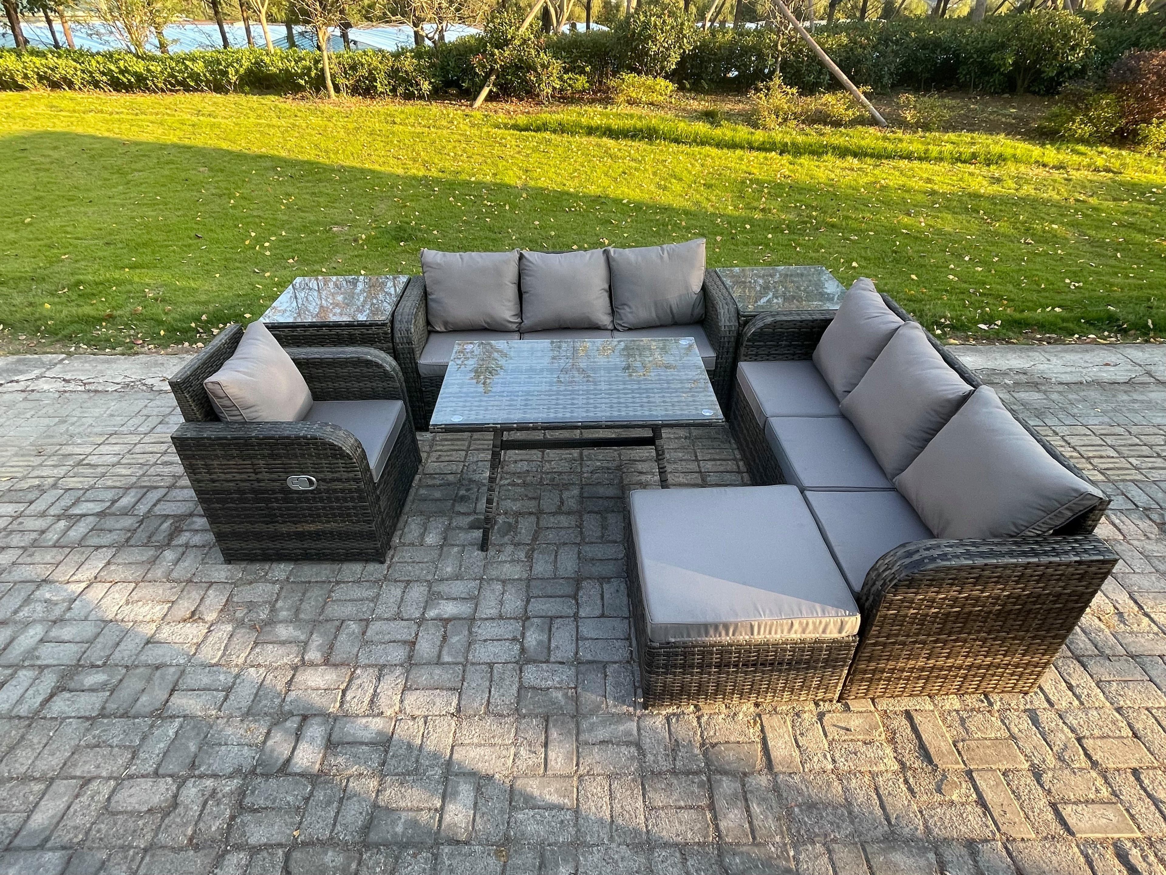 Outdoor Lounge Sofa Set Wicker PE Rattan Garden Furniture Set Rectangular Dining Table Reclining Chair 2 Side Tables Big Footstool