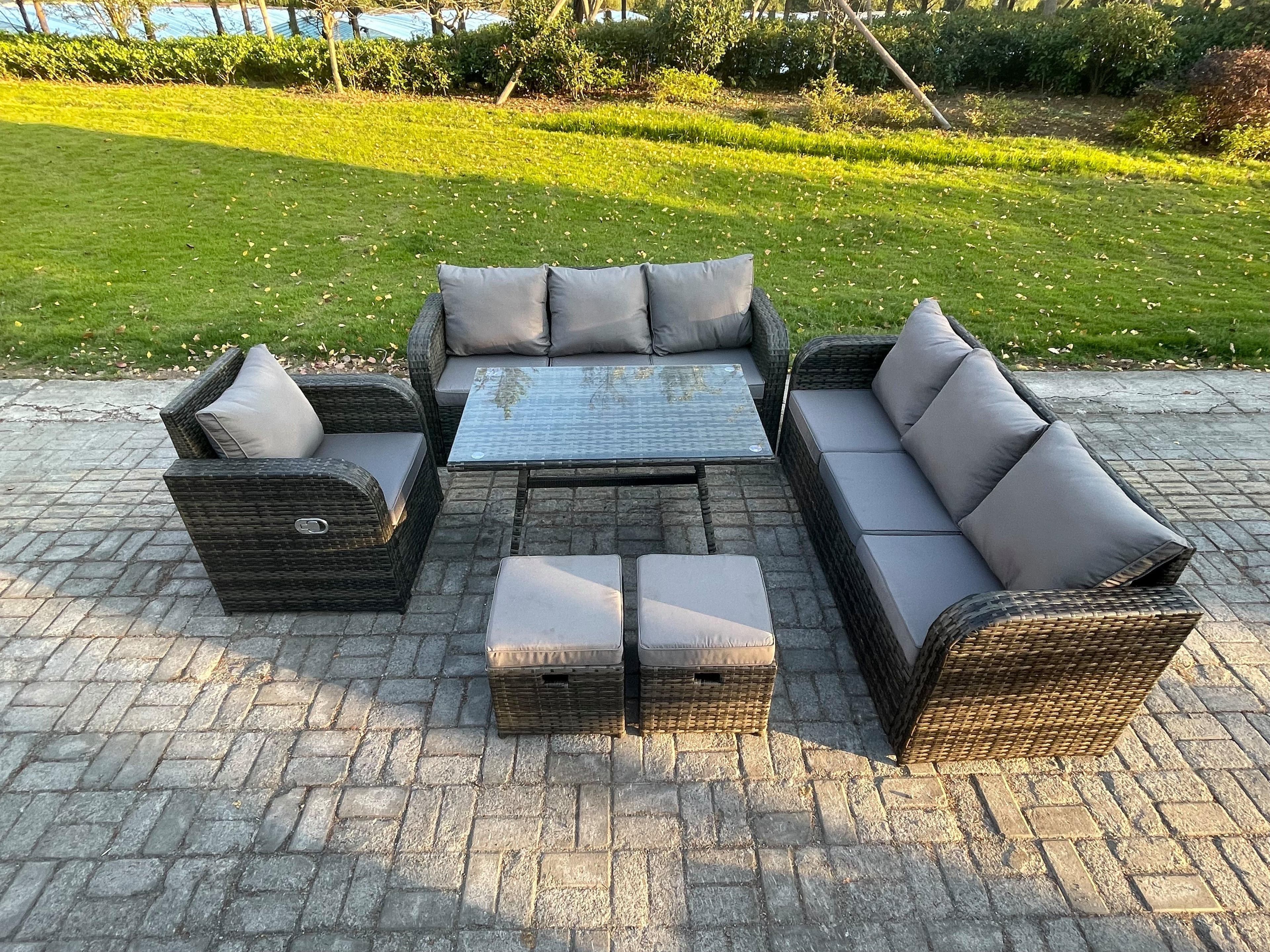 Outdoor Lounge Sofa Set Wicker PE Rattan Garden Furniture Set Rectangular Dining Table Reclining Chair 2 Small Footstools