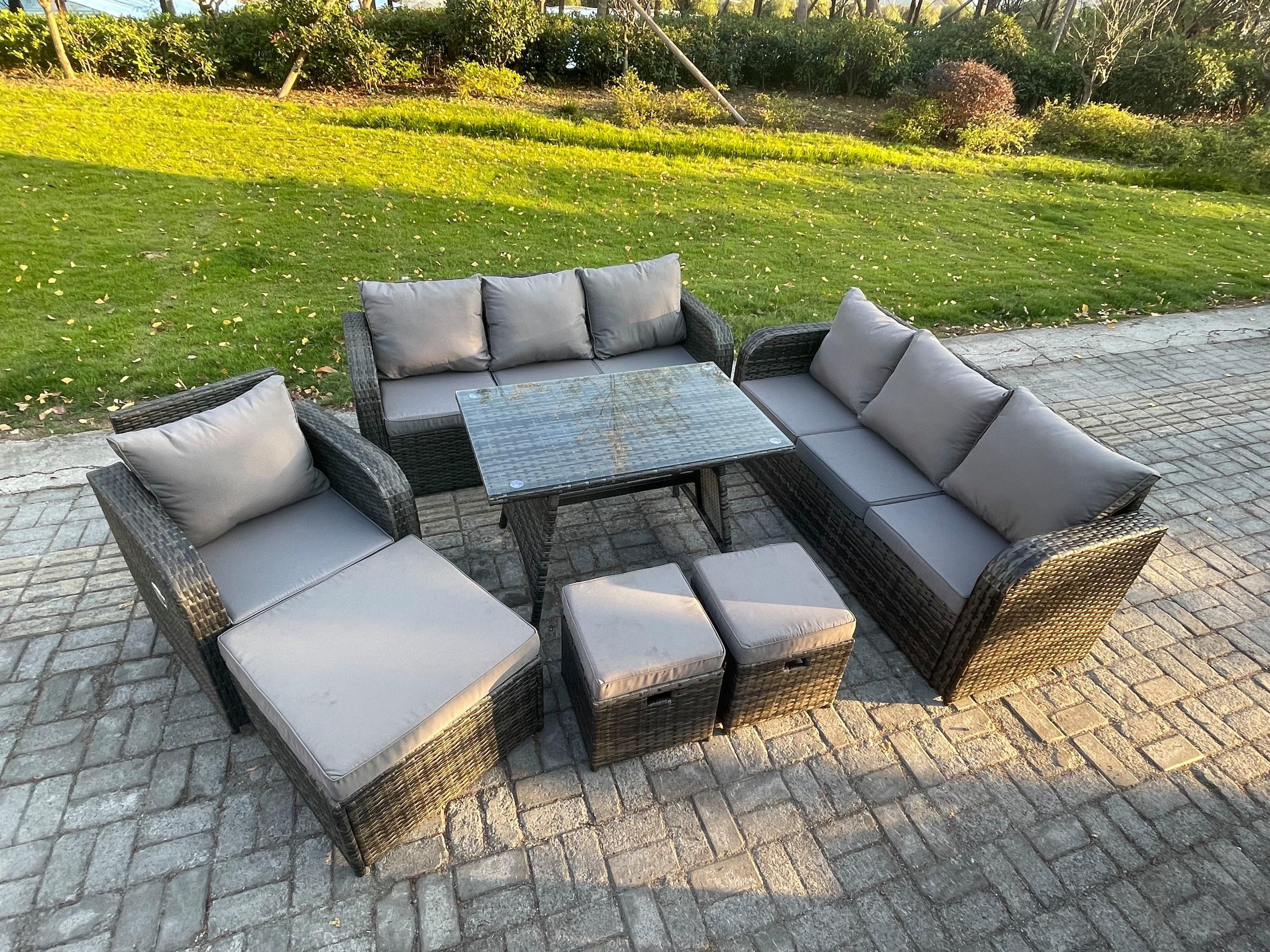 Wicker 7 Pieces Rattan Garden Furniture Sofa Set Rectangular Dining Table Armchair 3 Footstools Dark Grey Mixed