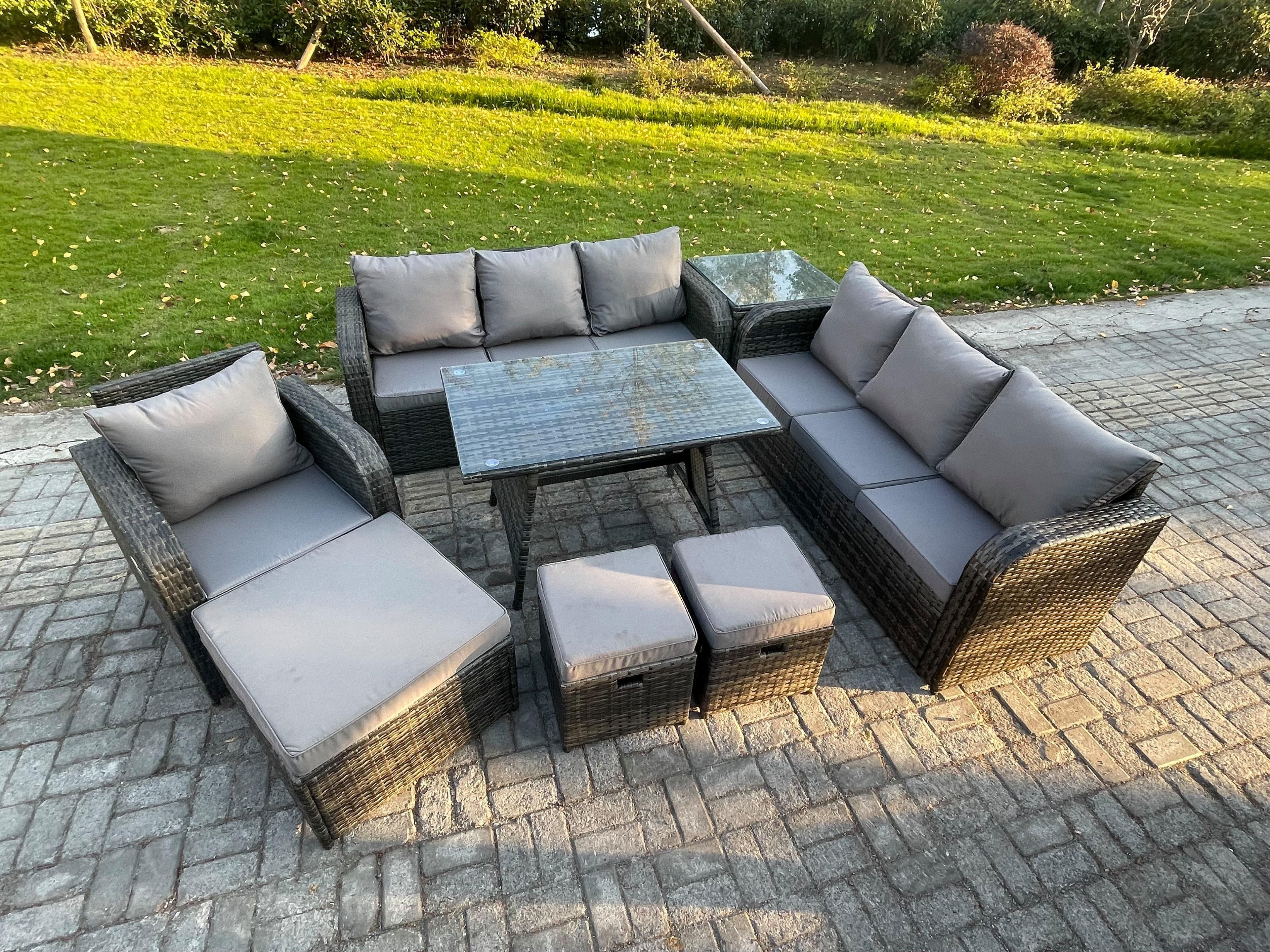 Wicker 8 Pieces Rattan Garden Furniture Sofa Set Rectangular Dining Table Armchair 3 Footstools Side Table Dark Grey Mixed