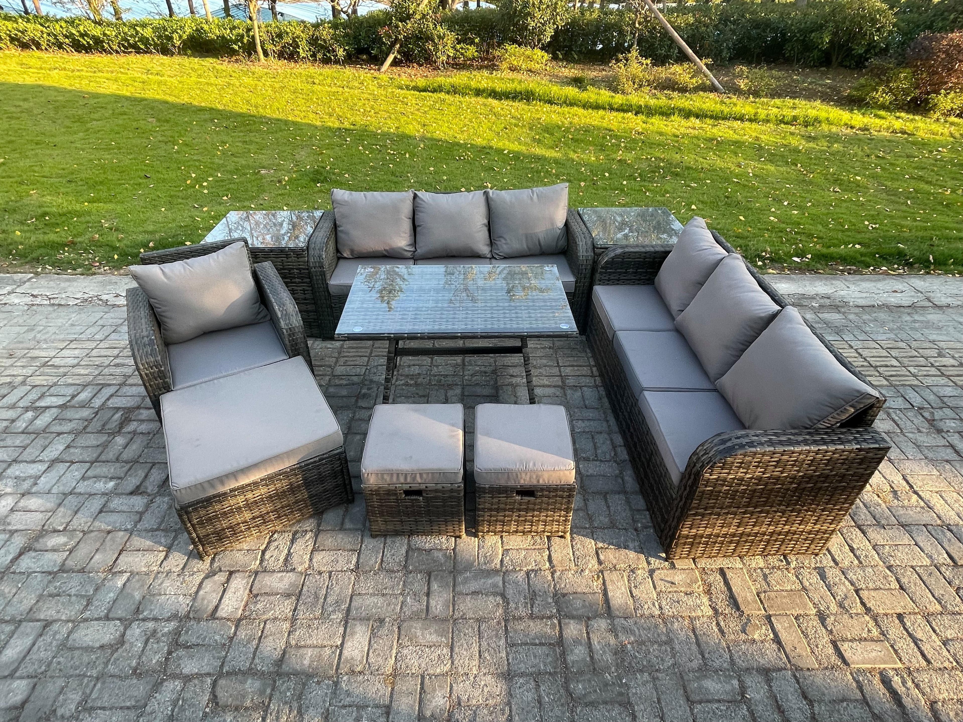 Wicker 9 Pieces Rattan Garden Furniture Sofa Set Rectangular Dining Table Armchair 3 Footstools 2 Side Tables Dark Grey Mixed