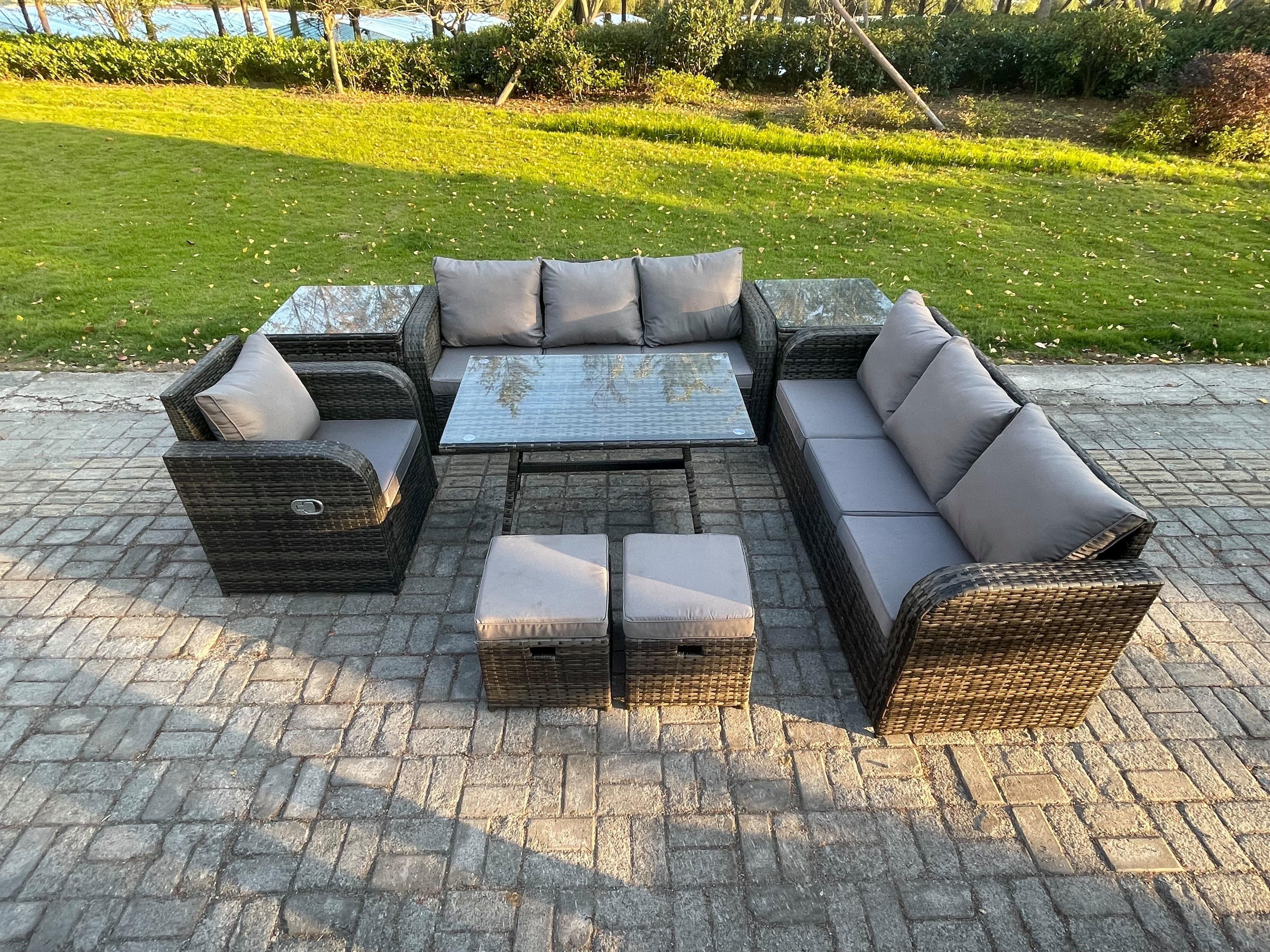 Wicker 8 Pieces Rattan Garden Furniture Sofa Set Rectangular Dining Table Armchair 2 Small Footstools 2 Side Tables Dark Grey Mixed