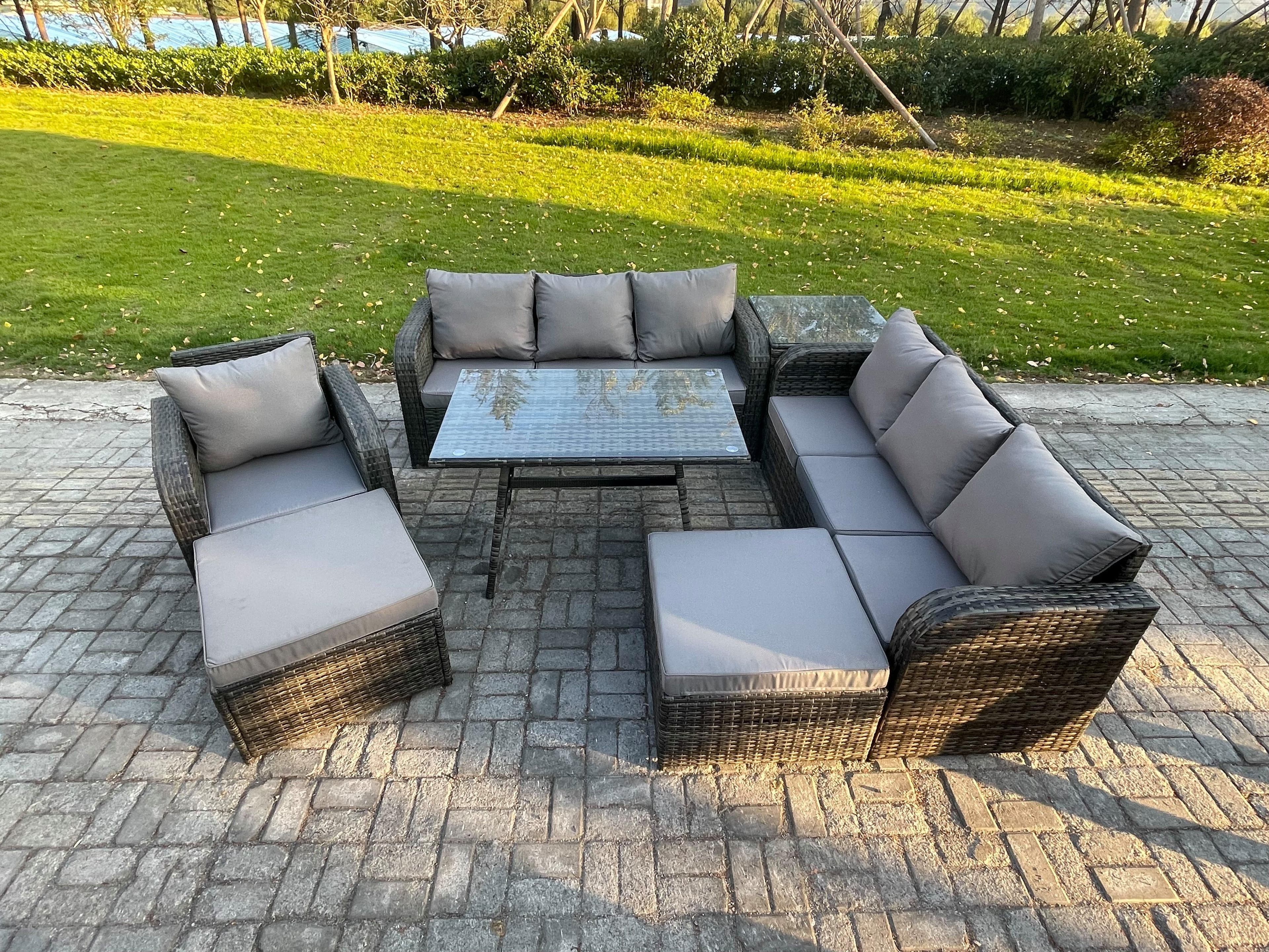 Wicker 7 Pieces Rattan Garden Furniture Sofa Set Rectangular Dining Table Armchair 2 Big Footstool Side Table Dark Grey Mixed