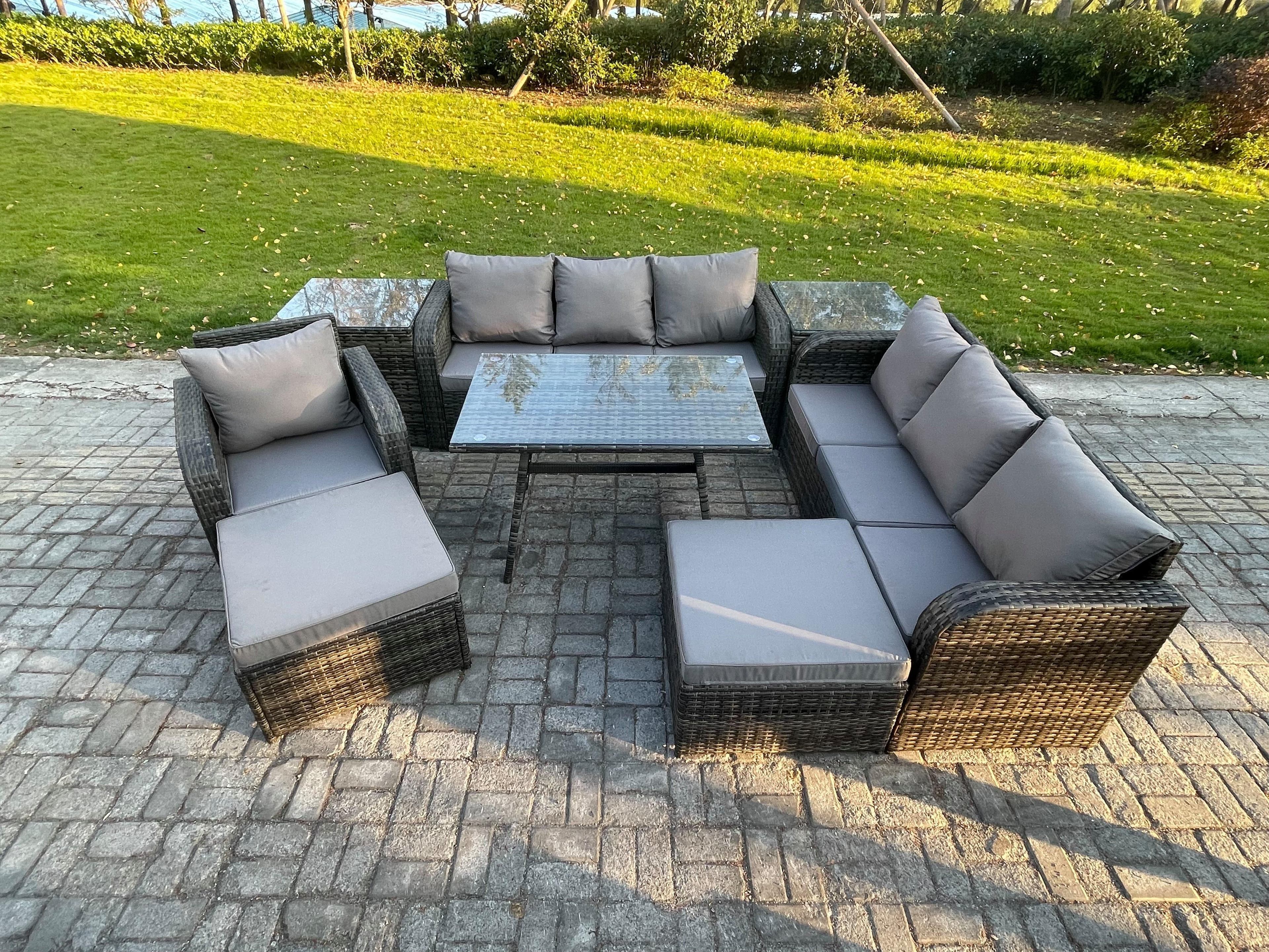 Wicker 8 Pieces Rattan Garden Furniture Sofa Set Rectangular Dining Table Armchair 2 Big Footstool 2 Side Table Dark Grey Mixed